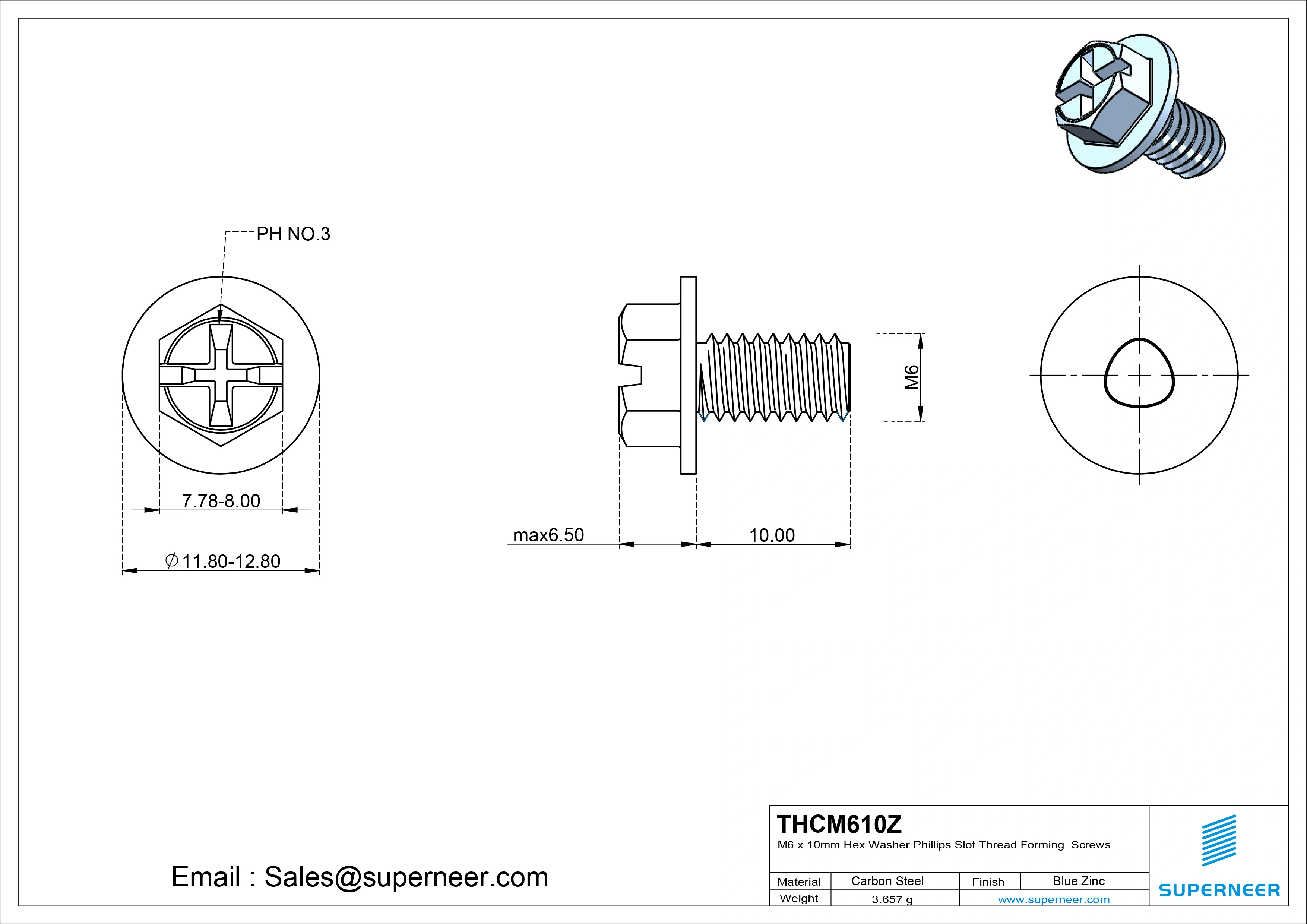 M6 &times; 10mm Indented Hex Washer Phillips Slot Thread Forming Screws for Metal Steel Blue Zinc Plated