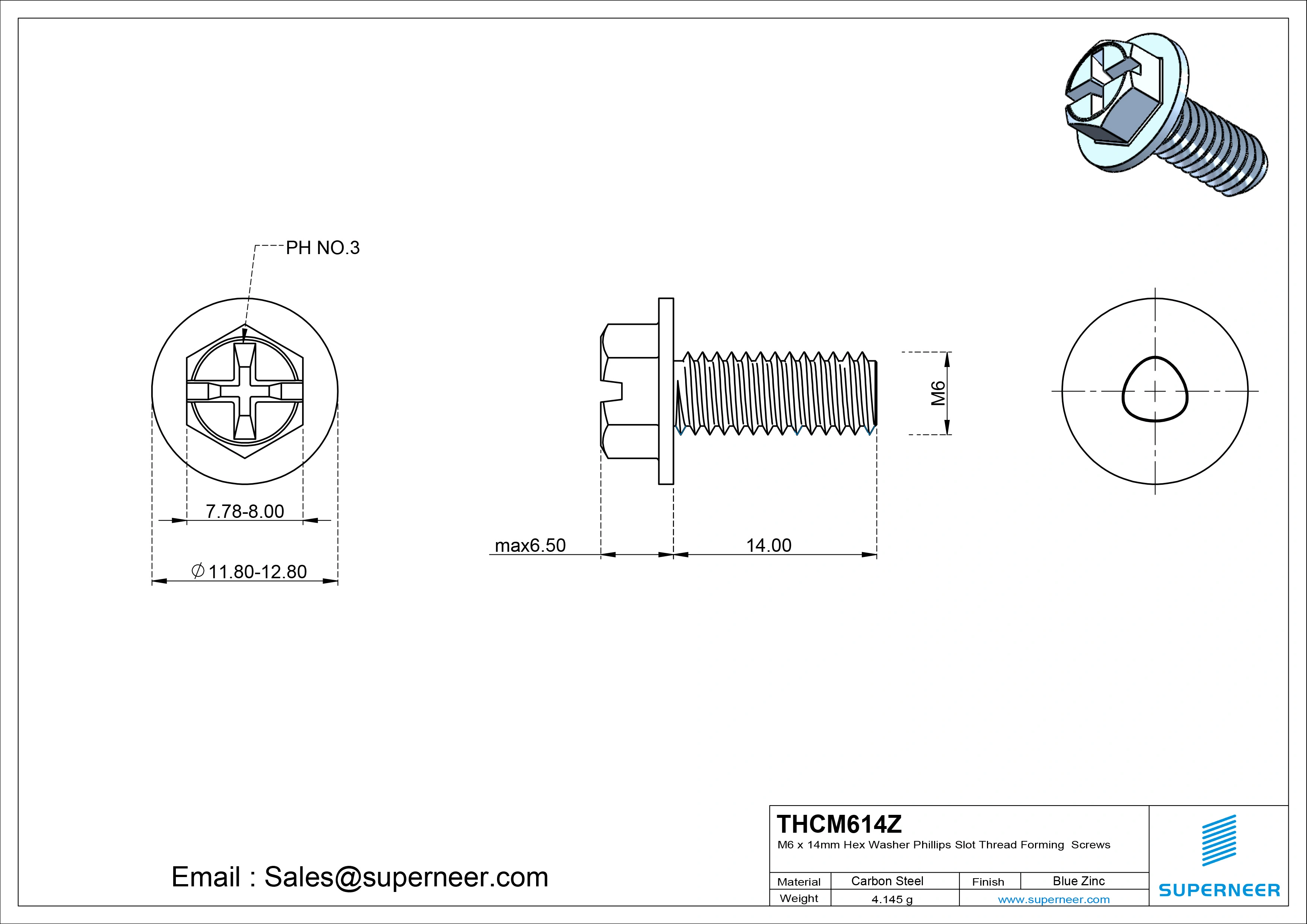 M6 &times; 14mm Indented Hex Washer Phillips Slot Thread Forming Screws for Metal Steel Blue Zinc Plated