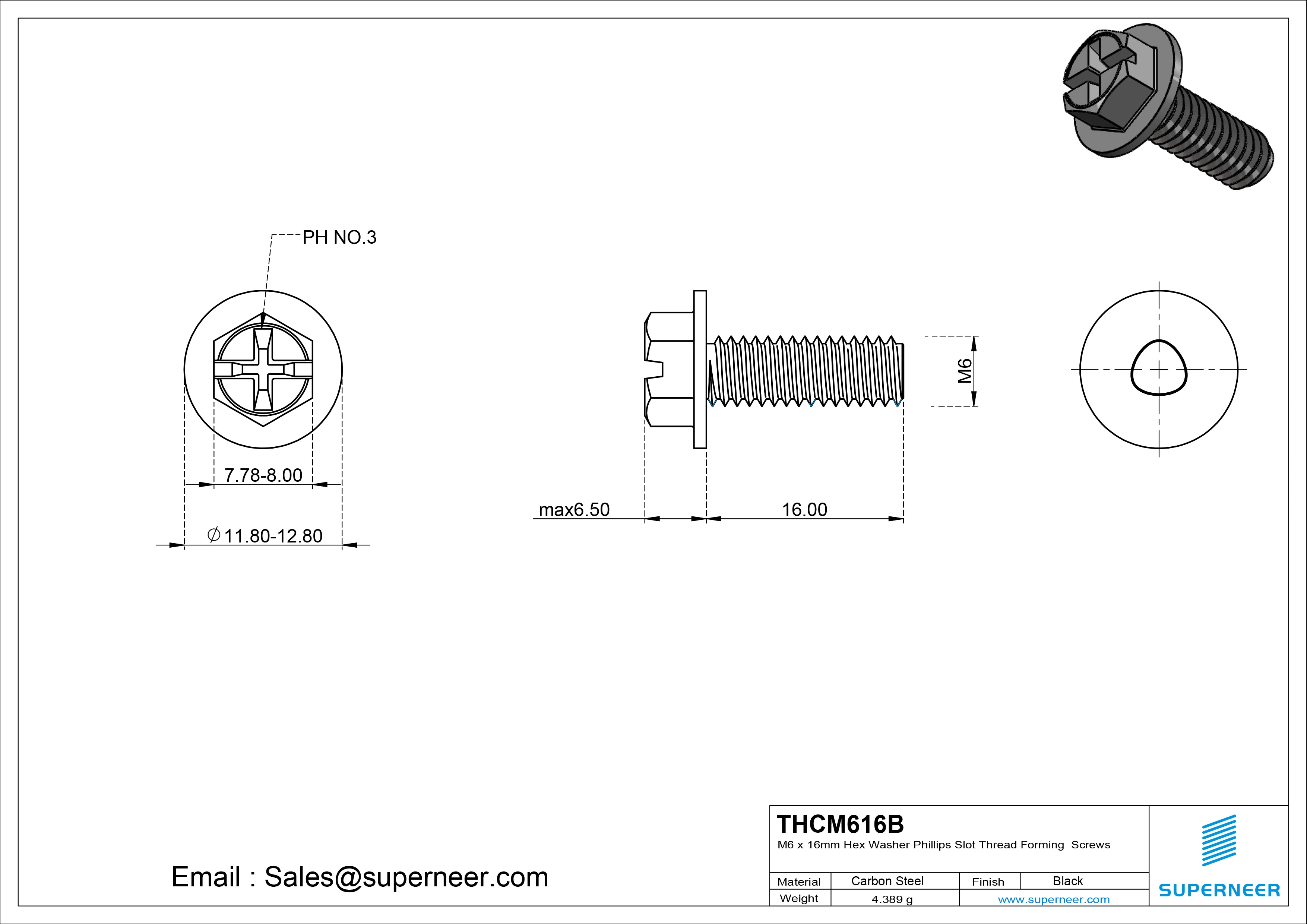 M6 &times; 16mm Indented Hex Washer Phillips Slot Thread Forming Screws for Metal Steel Black