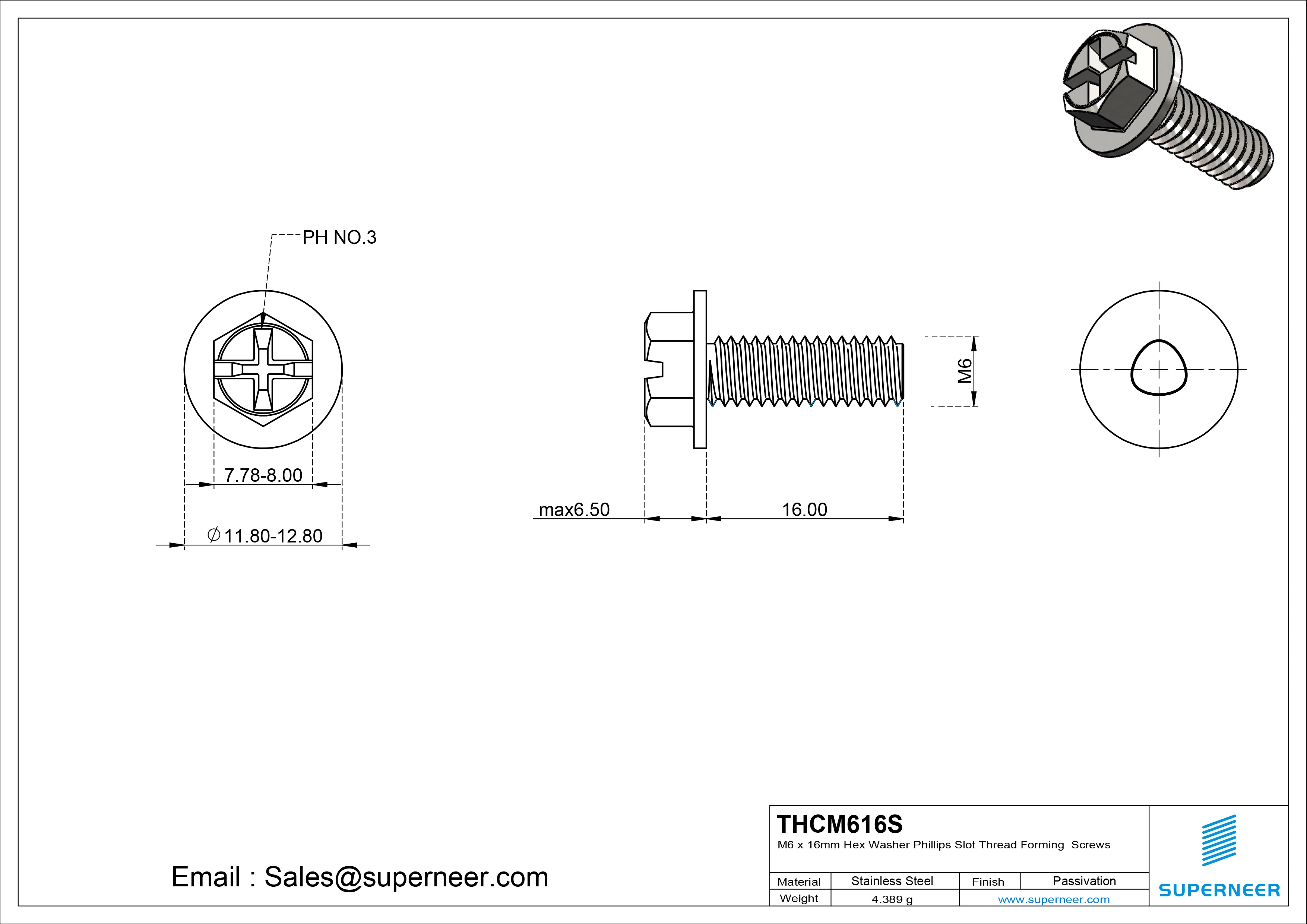 M6 &times; 16mm Indented Hex Washer Phillips Slot Thread Forming Screws for Metal SUS304 Stainless Steel Inox