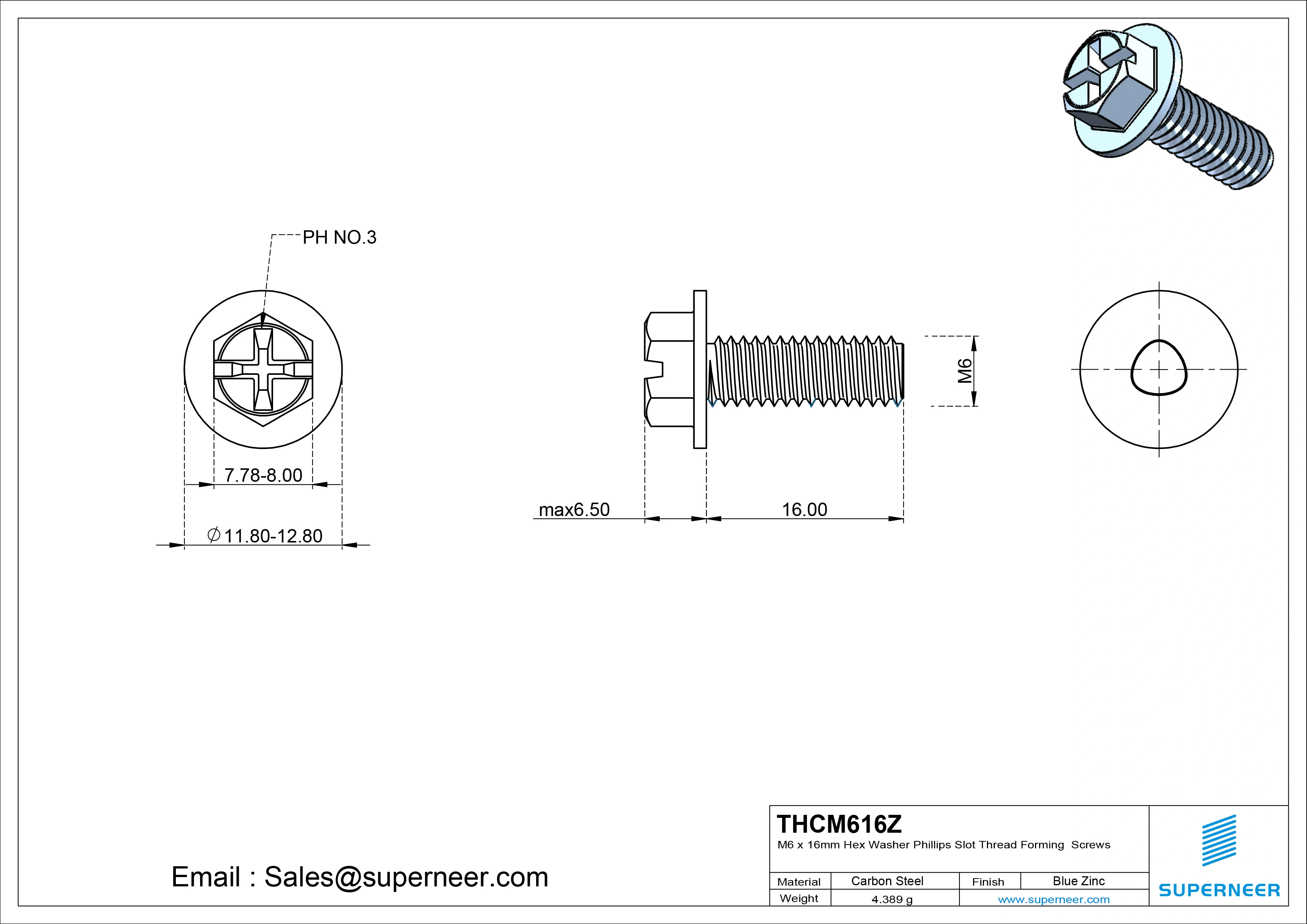 M6 &times; 16mm Indented Hex Washer Phillips Slot Thread Forming Screws for Metal Steel Blue Zinc Plated