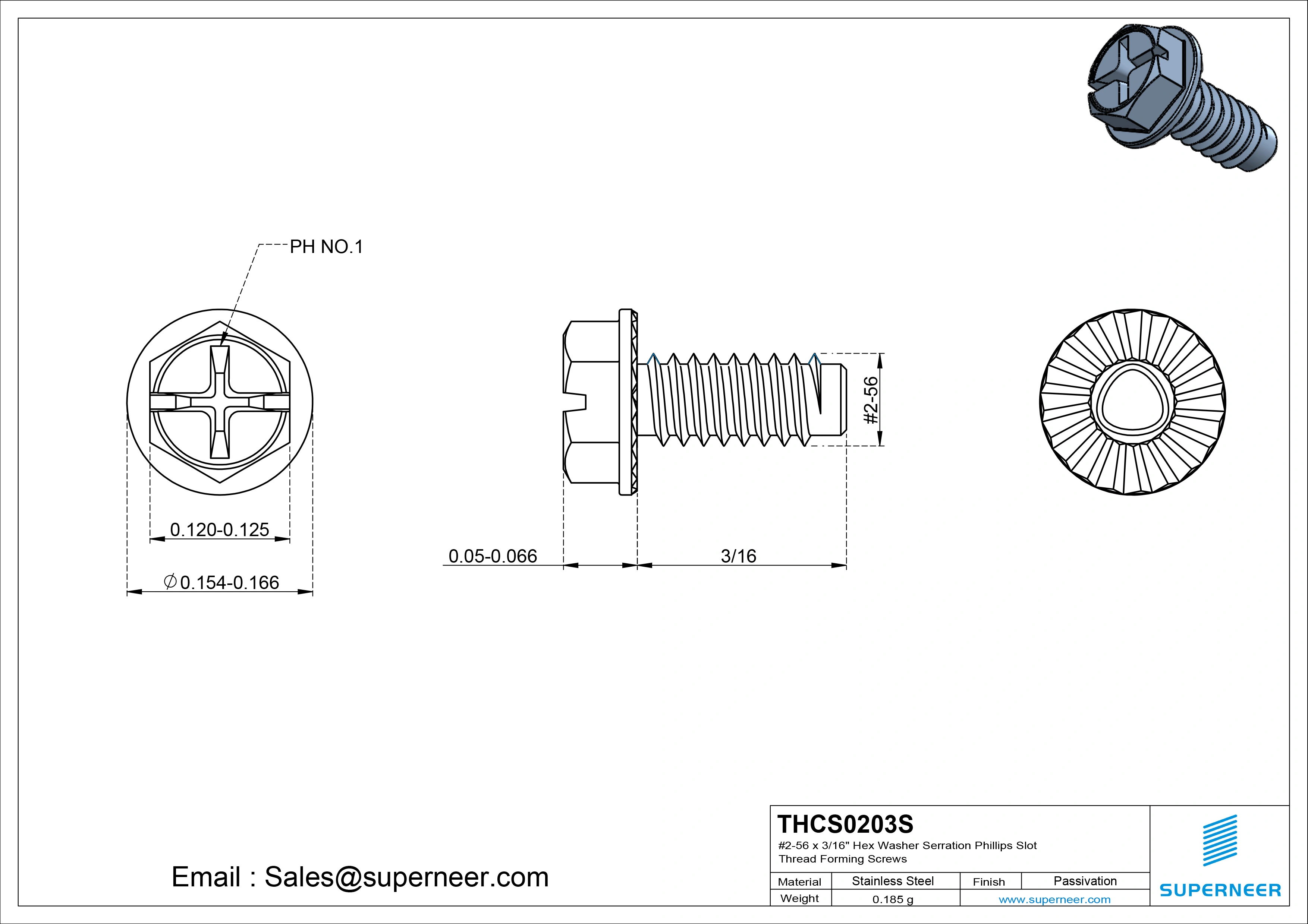 2-56 &times; 3/16 Hex Washer Serration Phillips Slot Thread Forming  Screws for Metal  SUS304 Stainless Steel Inox