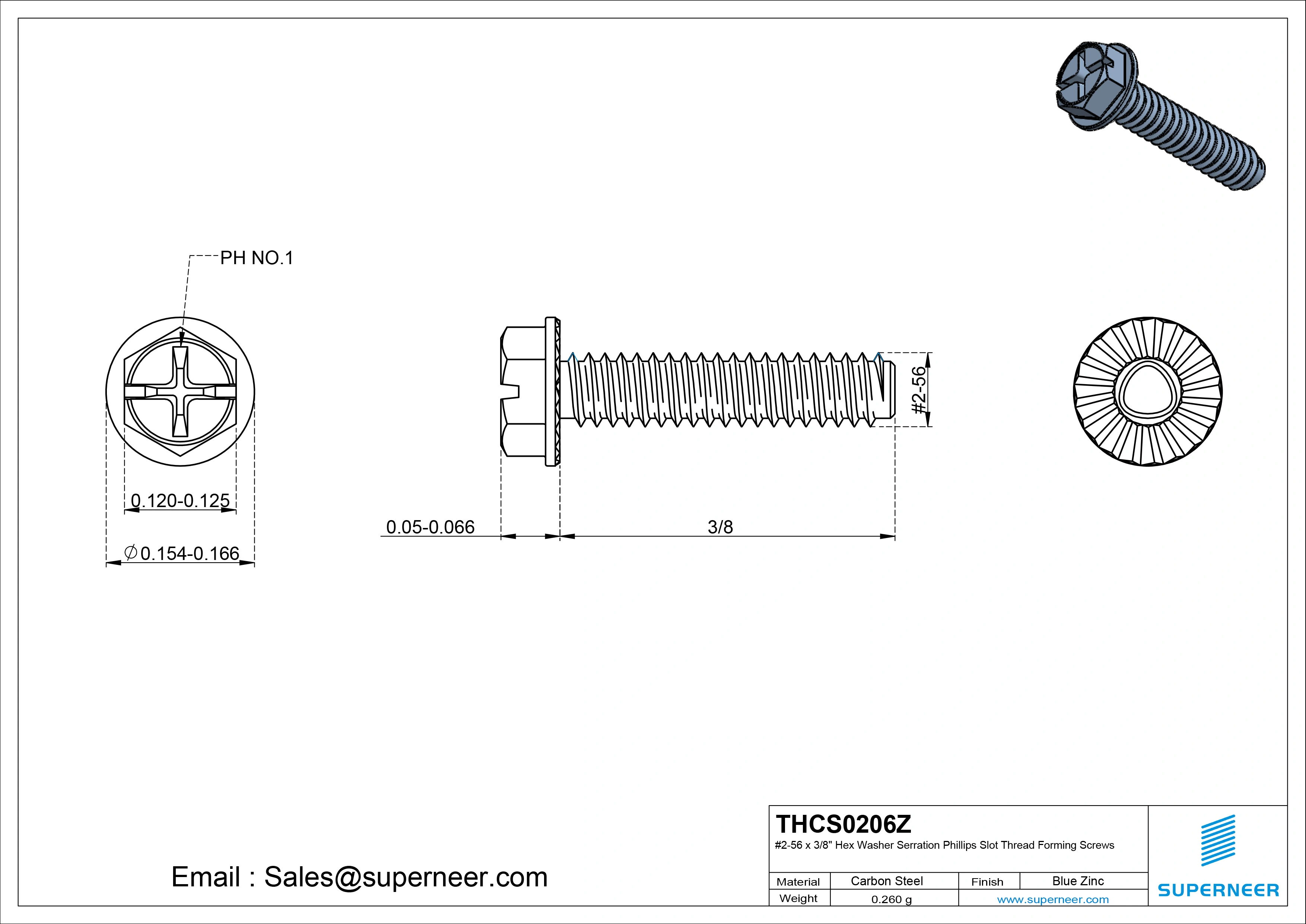 2-56 &times; 3/8 Hex Washer Serration Phillips Slot Thread Forming  Screws for Metal  Steel Blue Zinc Plated