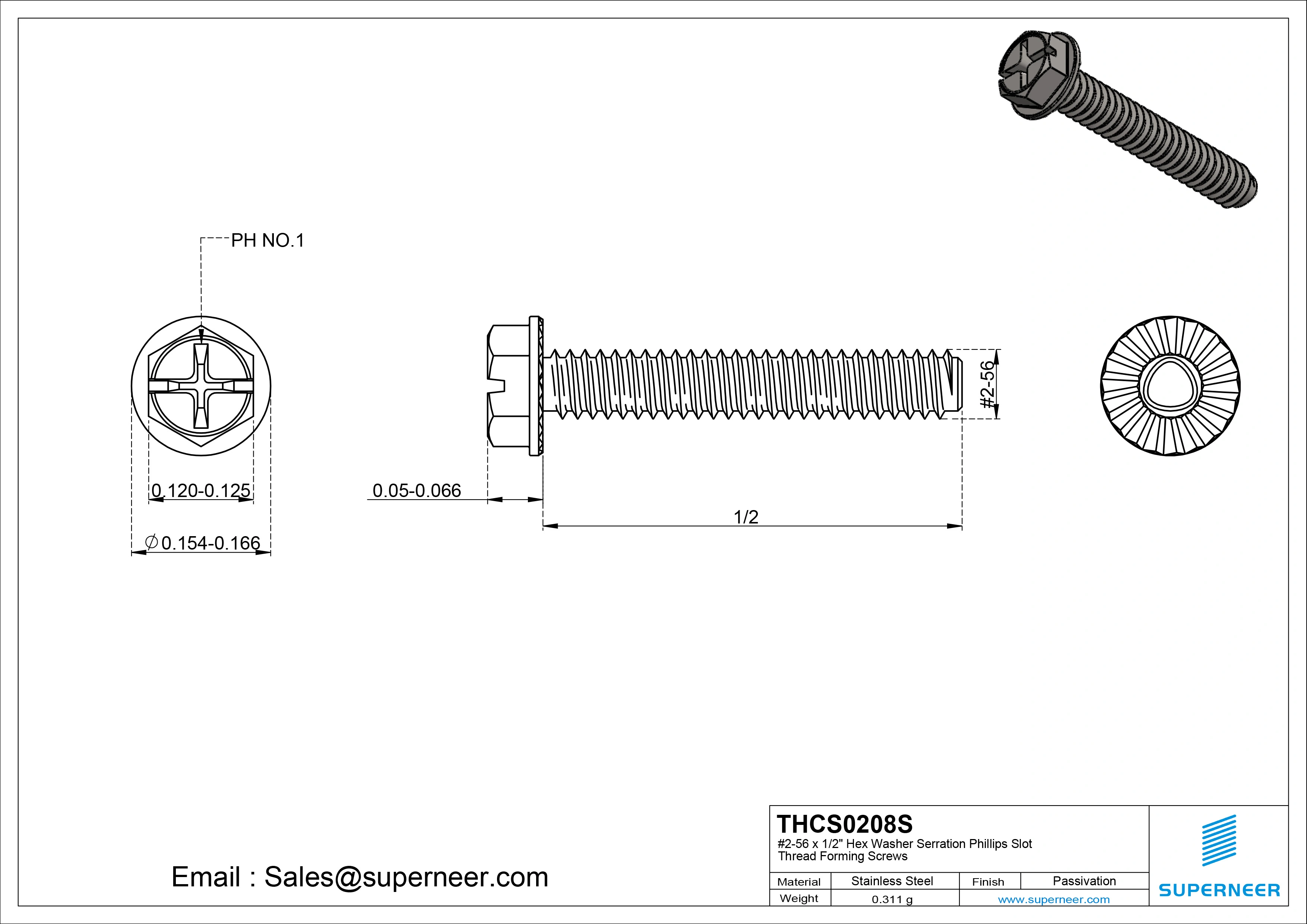 2-56 &times; 1/2 Hex Washer Serration Phillips Slot Thread Forming  Screws for Metal  SUS304 Stainless Steel Inox