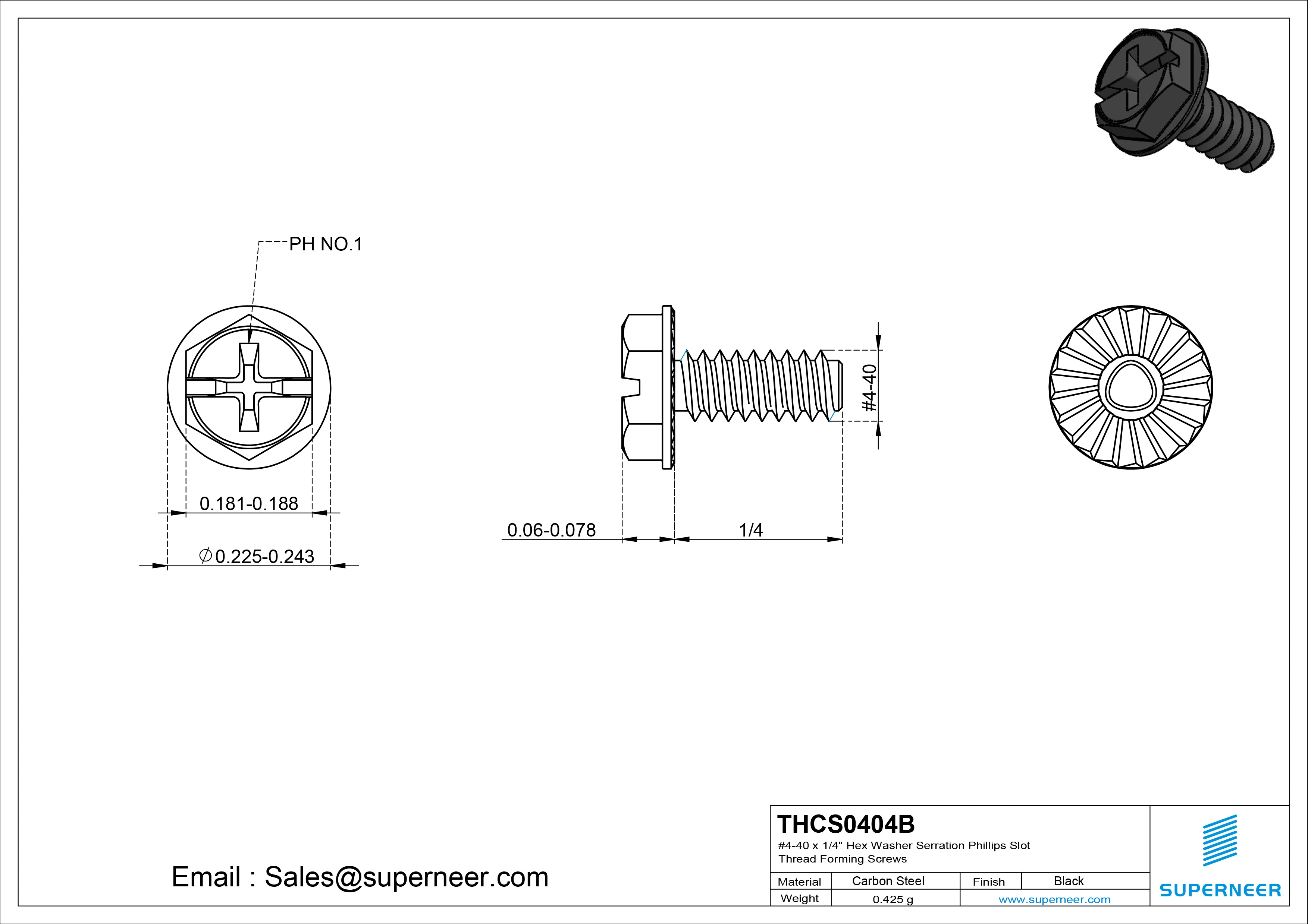 4-40 &times; 1/4 Hex Washer Serration Phillips Slot Thread Forming  Screws for Metal  Steel Black
