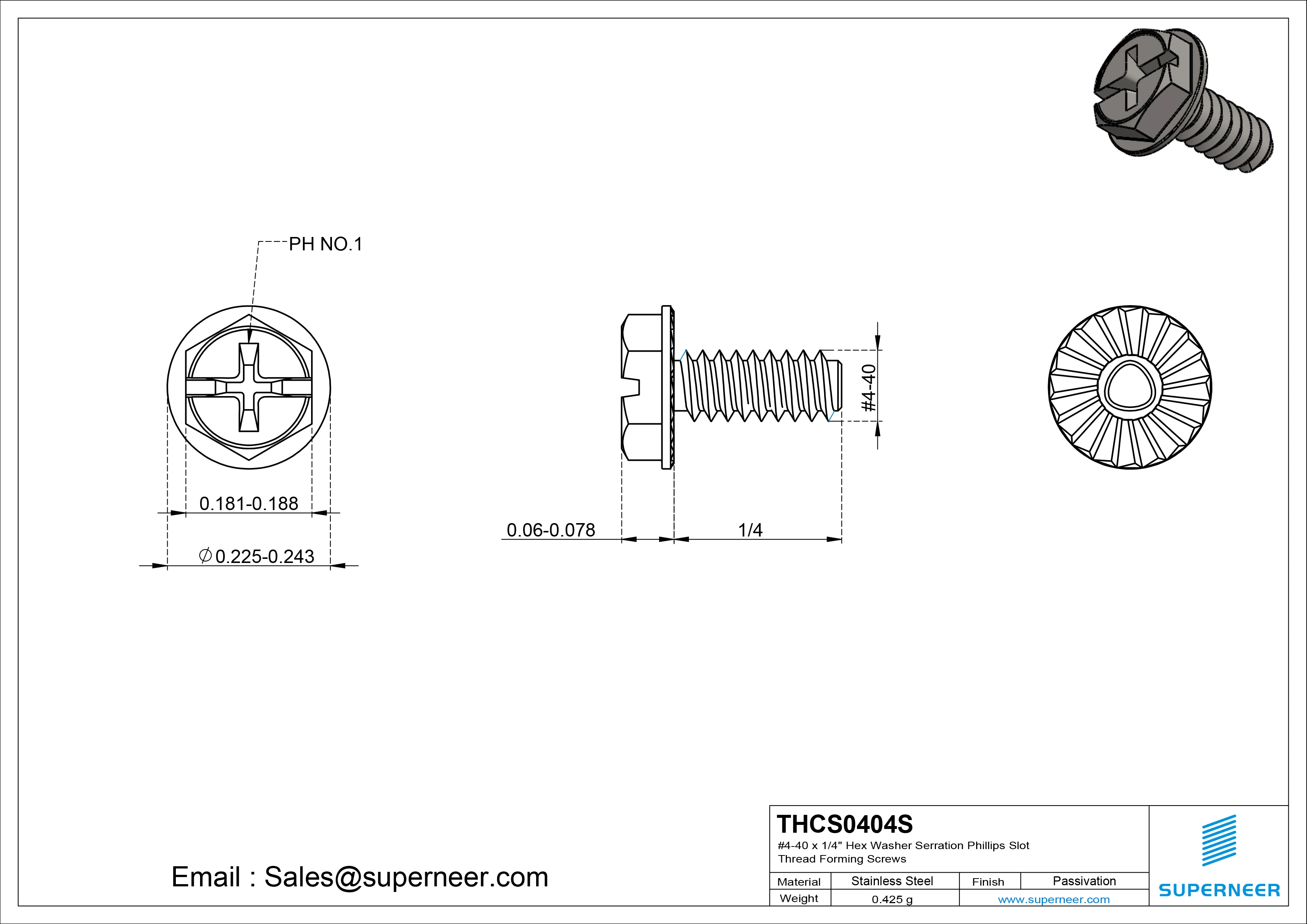 4-40 &times; 1/4 Hex Washer Serration Phillips Slot Thread Forming  Screws for Metal  SUS304 Stainless Steel Inox