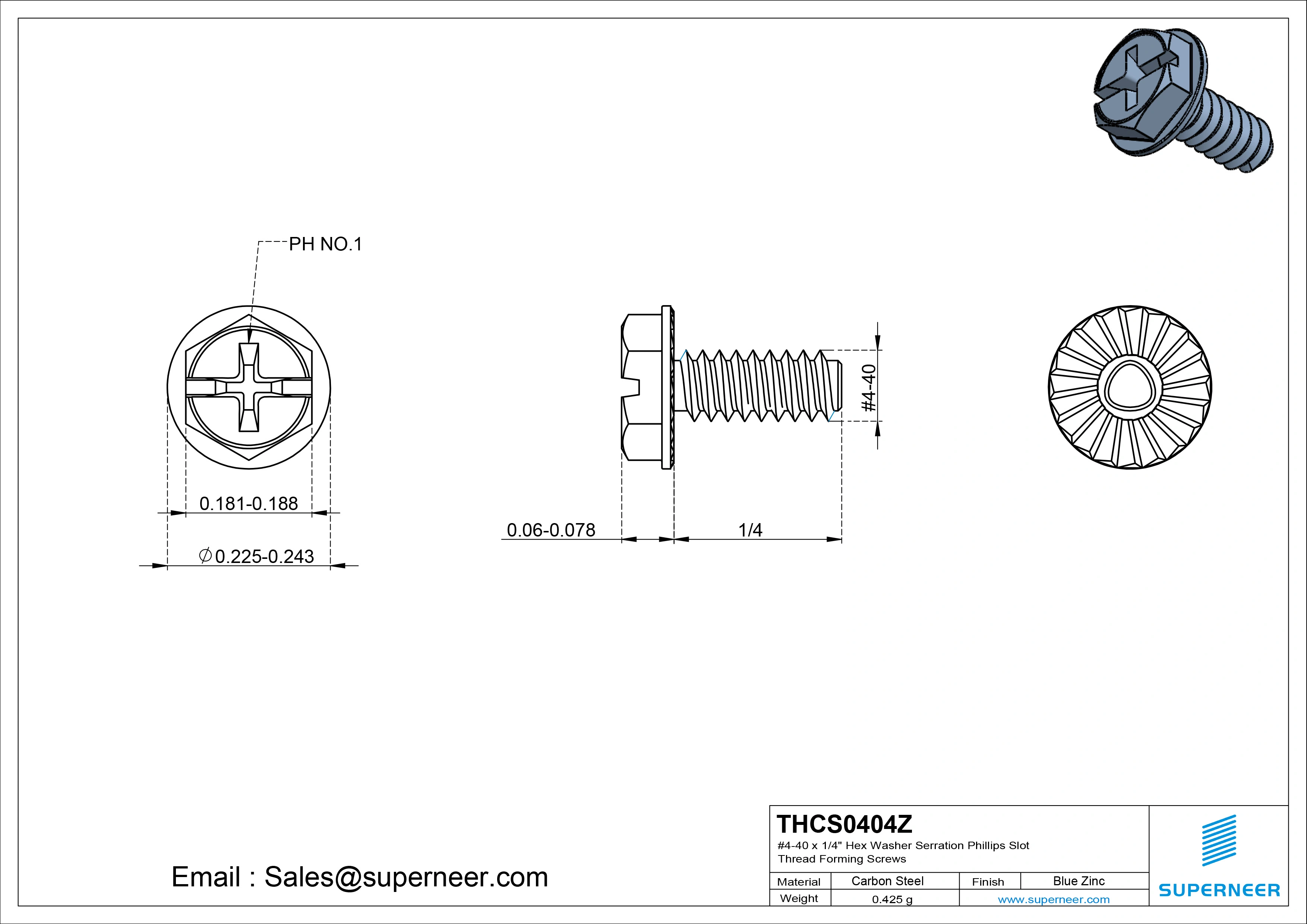 4-40 &times; 1/4 Hex Washer Serration Phillips Slot Thread Forming  Screws for Metal  Steel Blue Zinc Plated