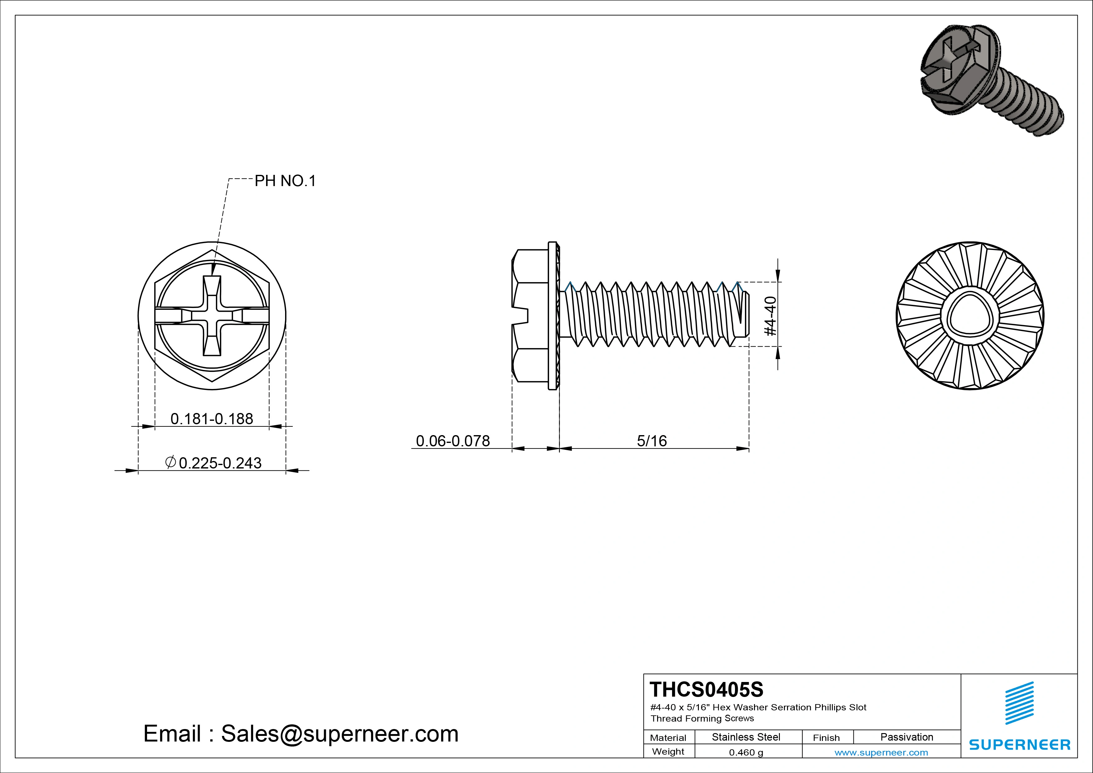 4-40 &times; 5/16 Hex Washer Serration Phillips Slot Thread Forming  Screws for Metal  SUS304 Stainless Steel Inox