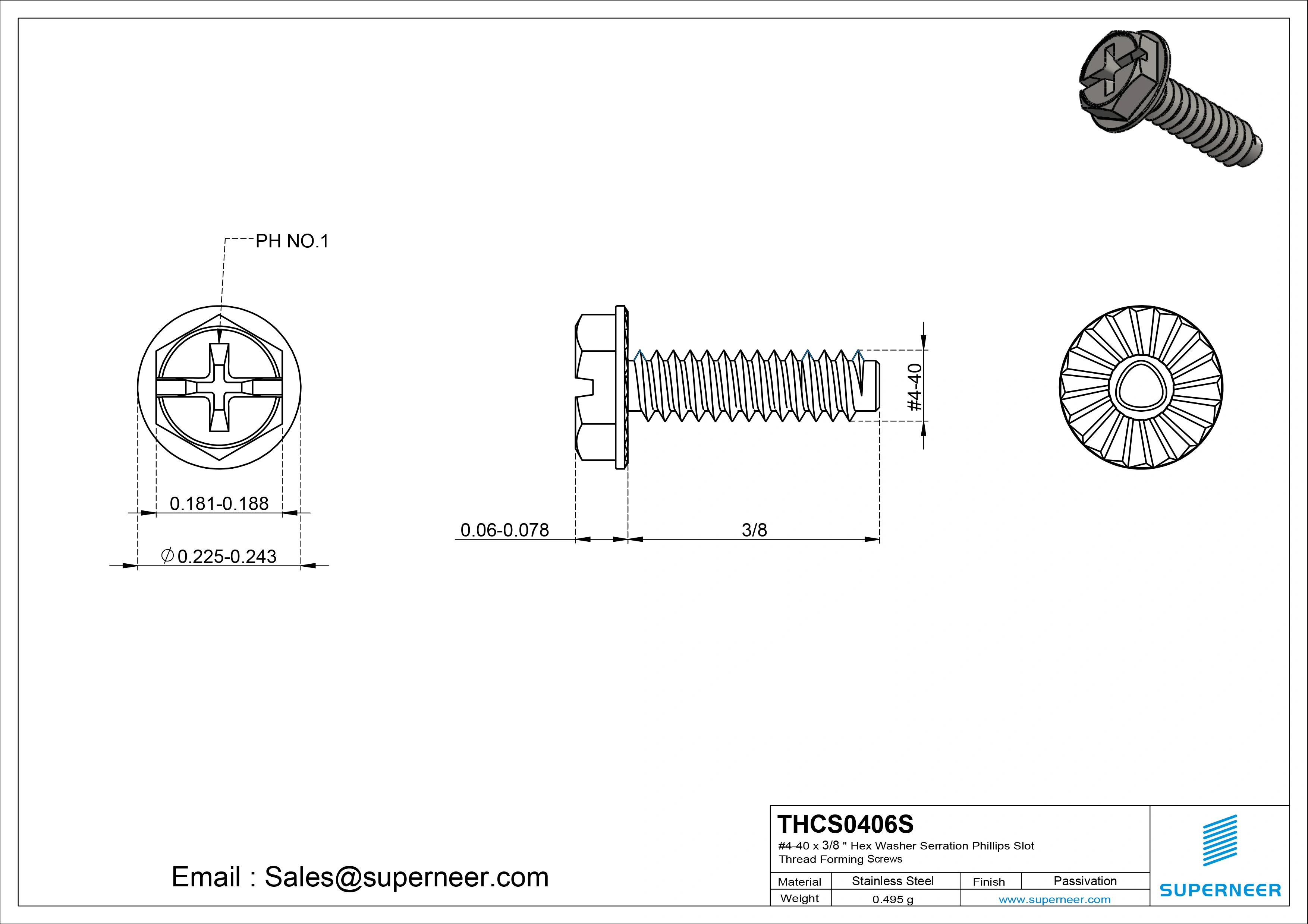 4-40 &times; 3/8 Hex Washer Serration Phillips Slot Thread Forming  Screws for Metal  SUS304 Stainless Steel Inox