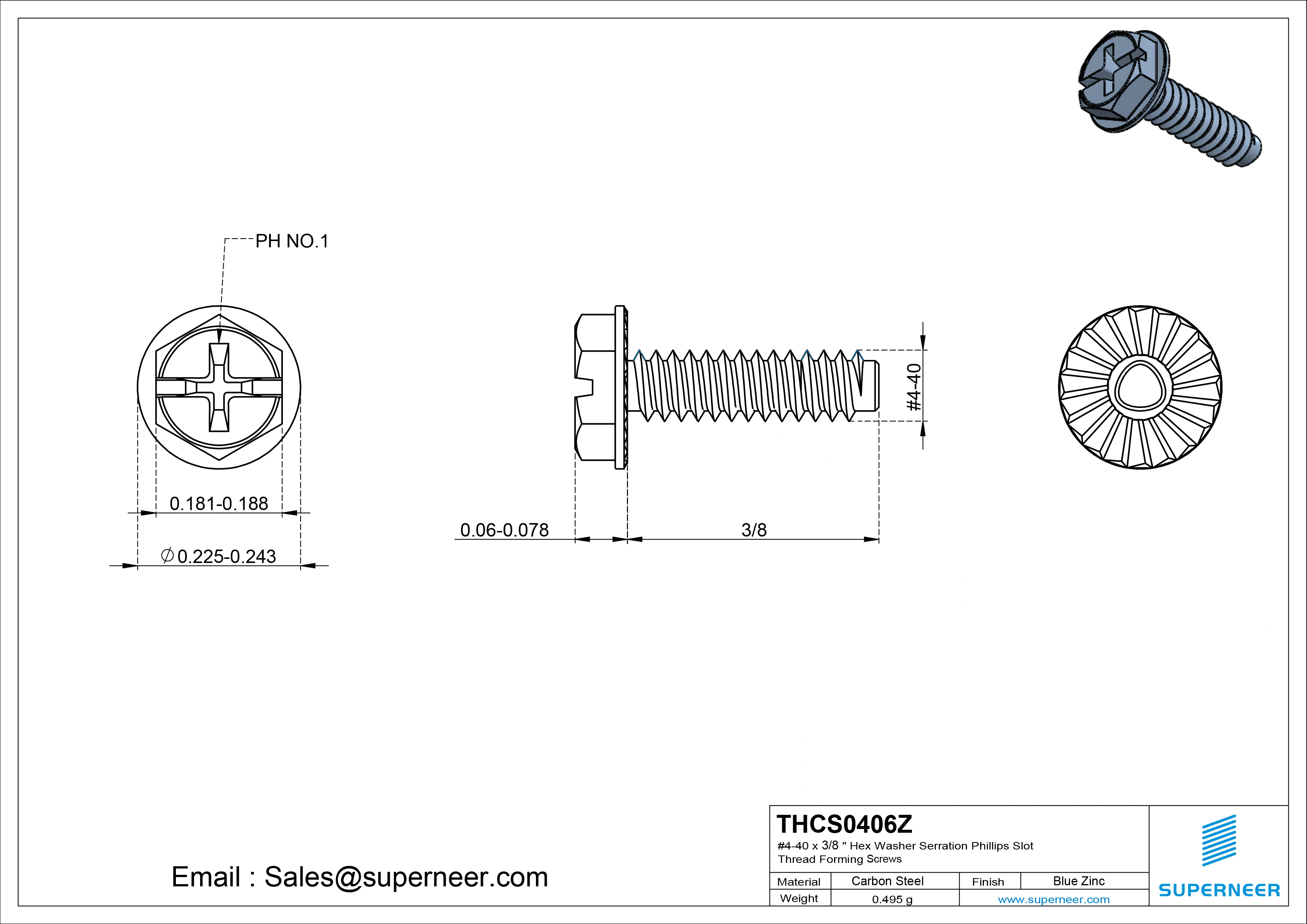 4-40 &times; 3/8 Hex Washer Serration Phillips Slot Thread Forming  Screws for Metal  Steel Blue Zinc Plated