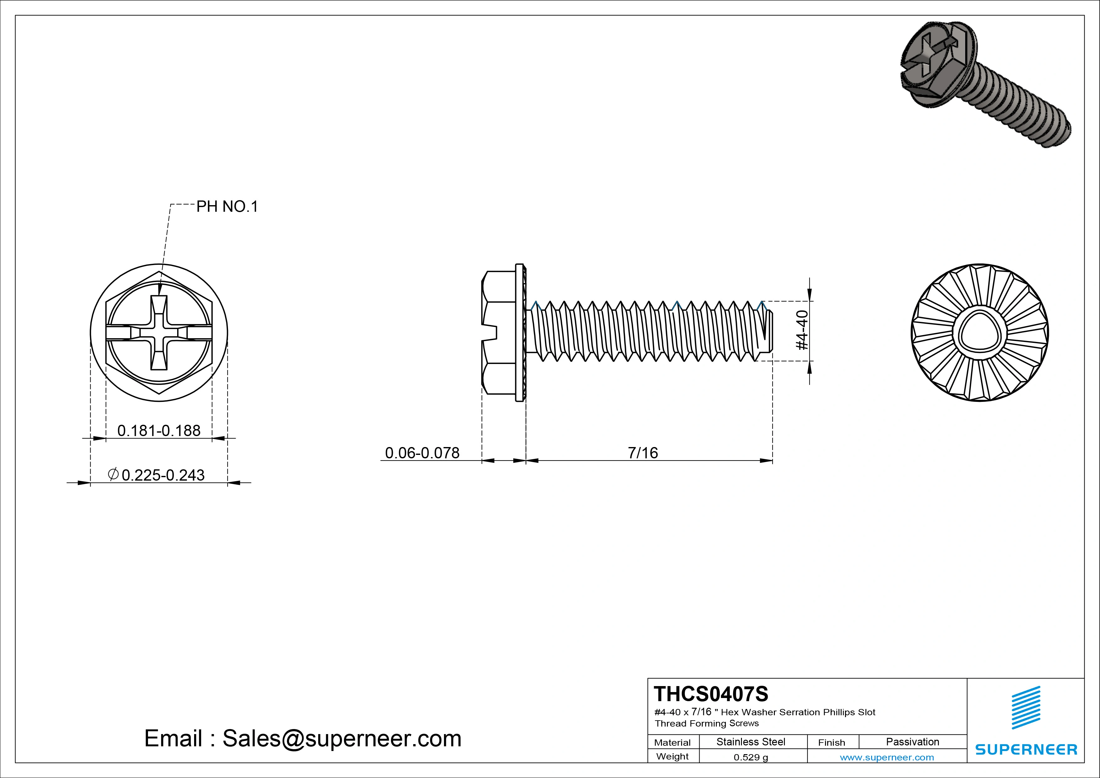 4-40 &times; 7/16 Hex Washer Serration Phillips Slot Thread Forming  Screws for Metal  SUS304 Stainless Steel Inox