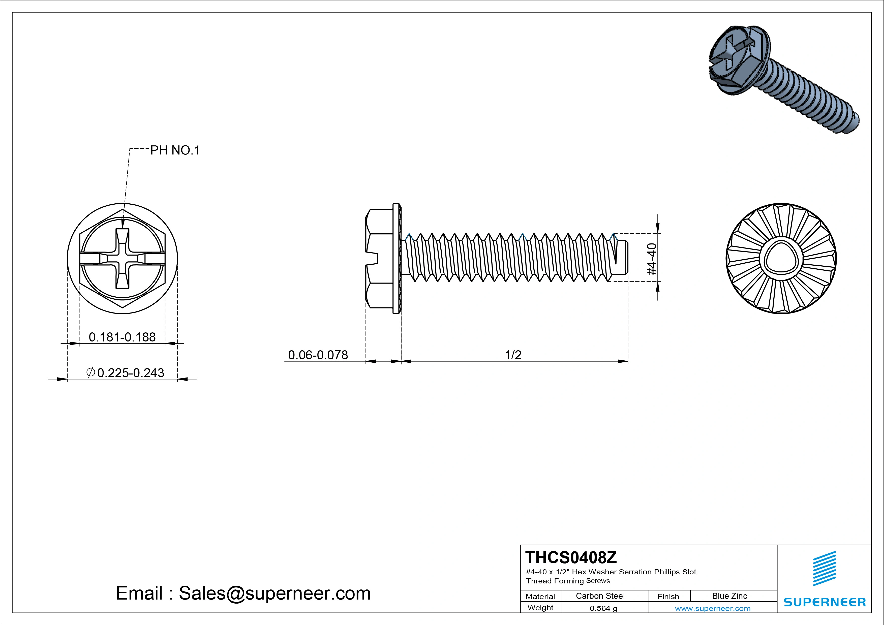 4-40 &times; 1/2 Hex Washer Serration Phillips Slot Thread Forming  Screws for Metal  Steel Blue Zinc Plated