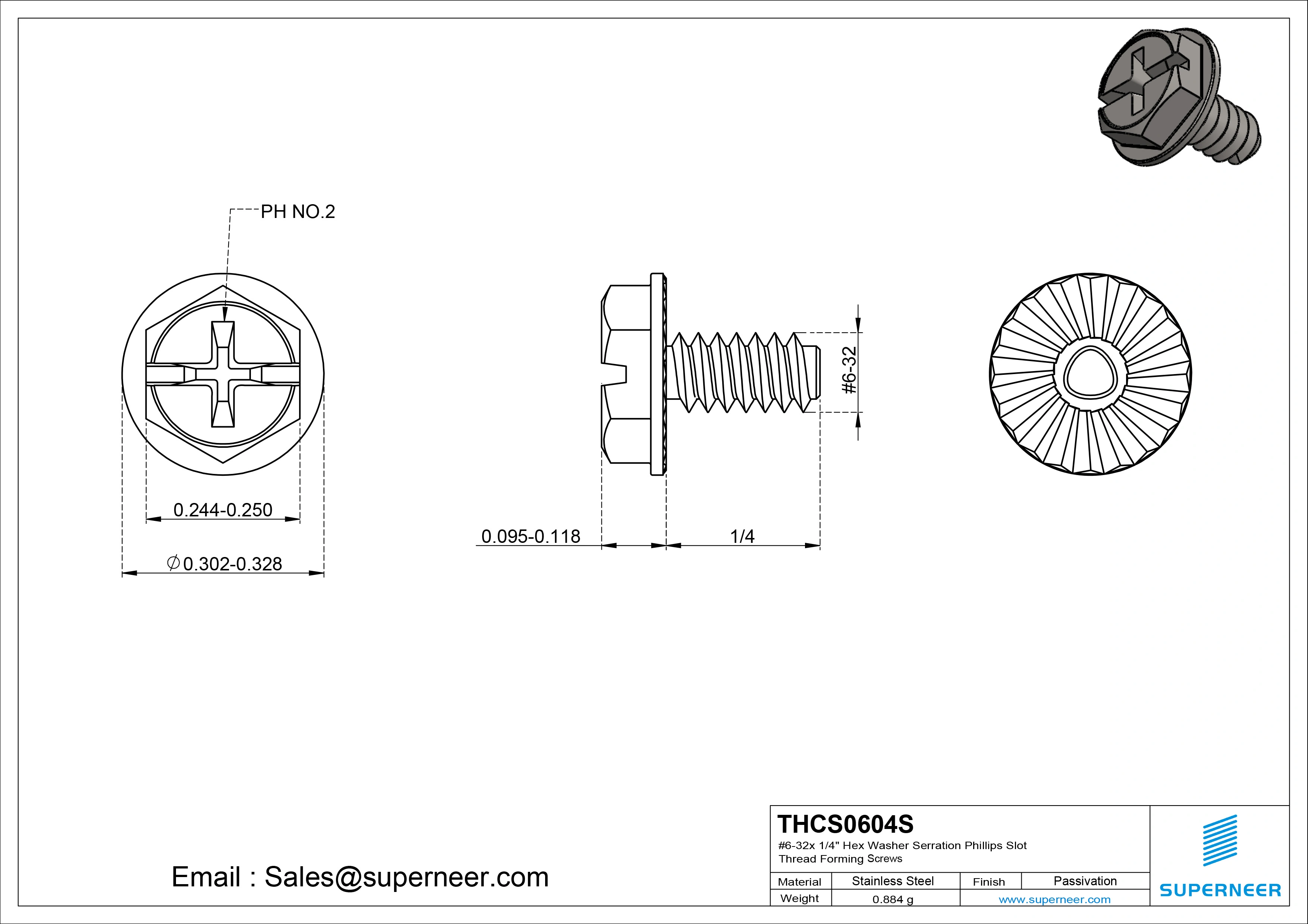 6-32 &times; 1/4 Hex Washer Serration Phillips Slot Thread Forming  Screws for Metal  SUS304 Stainless Steel Inox