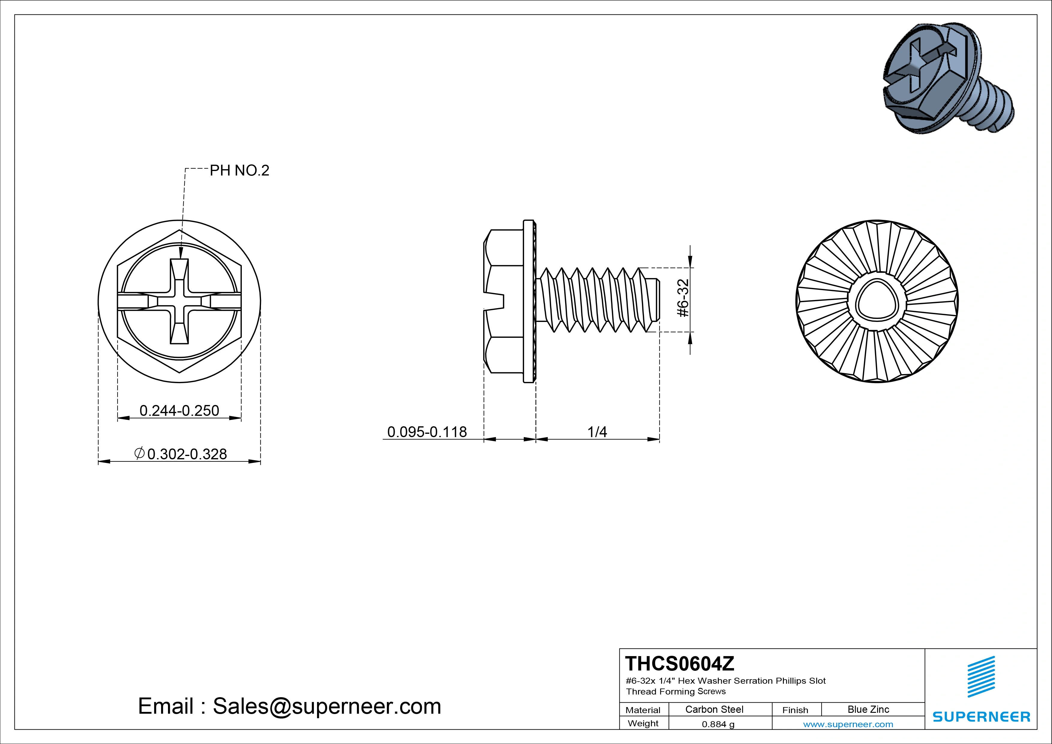 6-32 &times; 1/4 Hex Washer Serration Phillips Slot Thread Forming  Screws for Metal  Steel Blue Zinc Plated