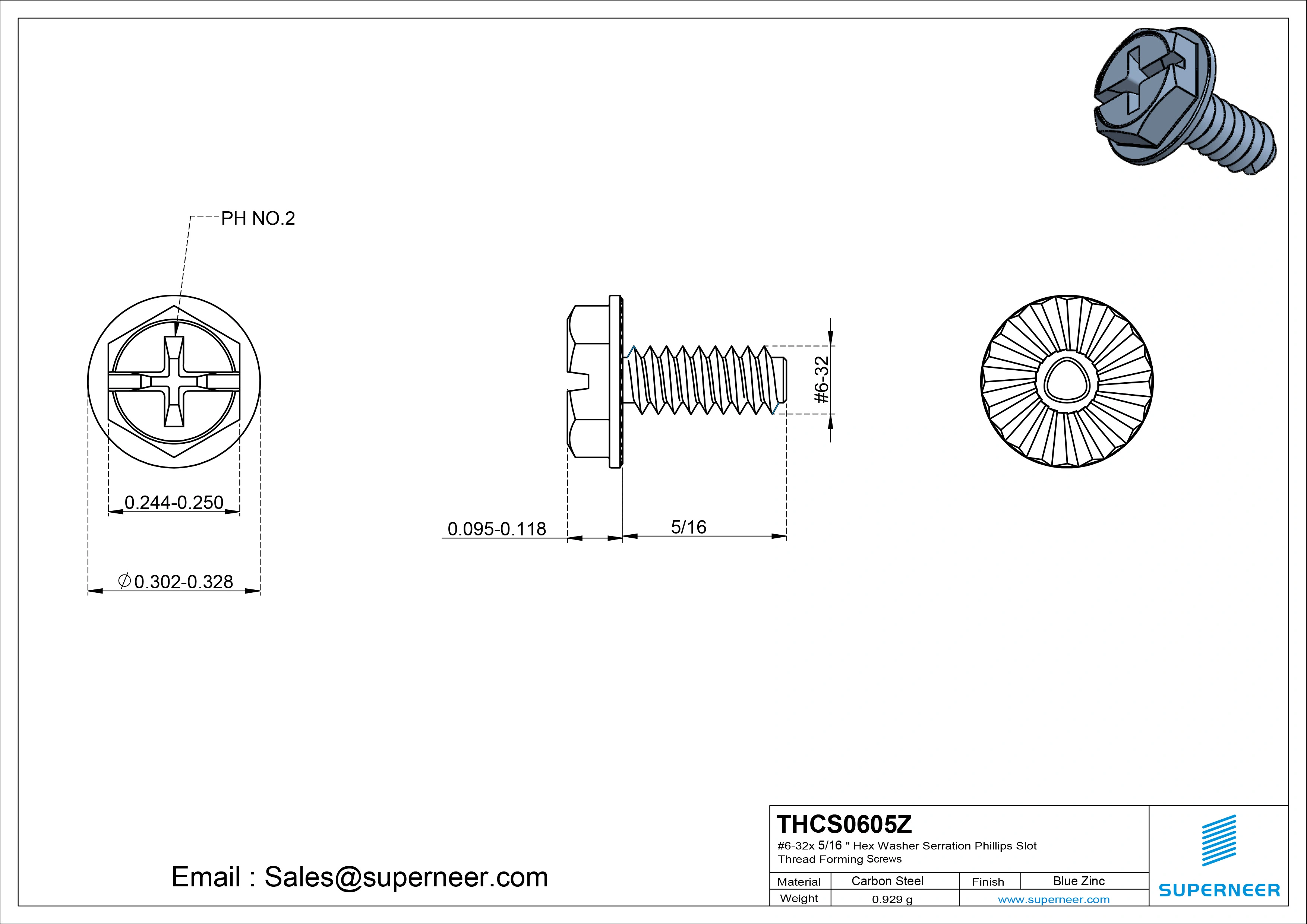 6-32 &times; 5/16 Hex Washer Serration Phillips Slot Thread Forming  Screws for Metal  Steel Blue Zinc Plated