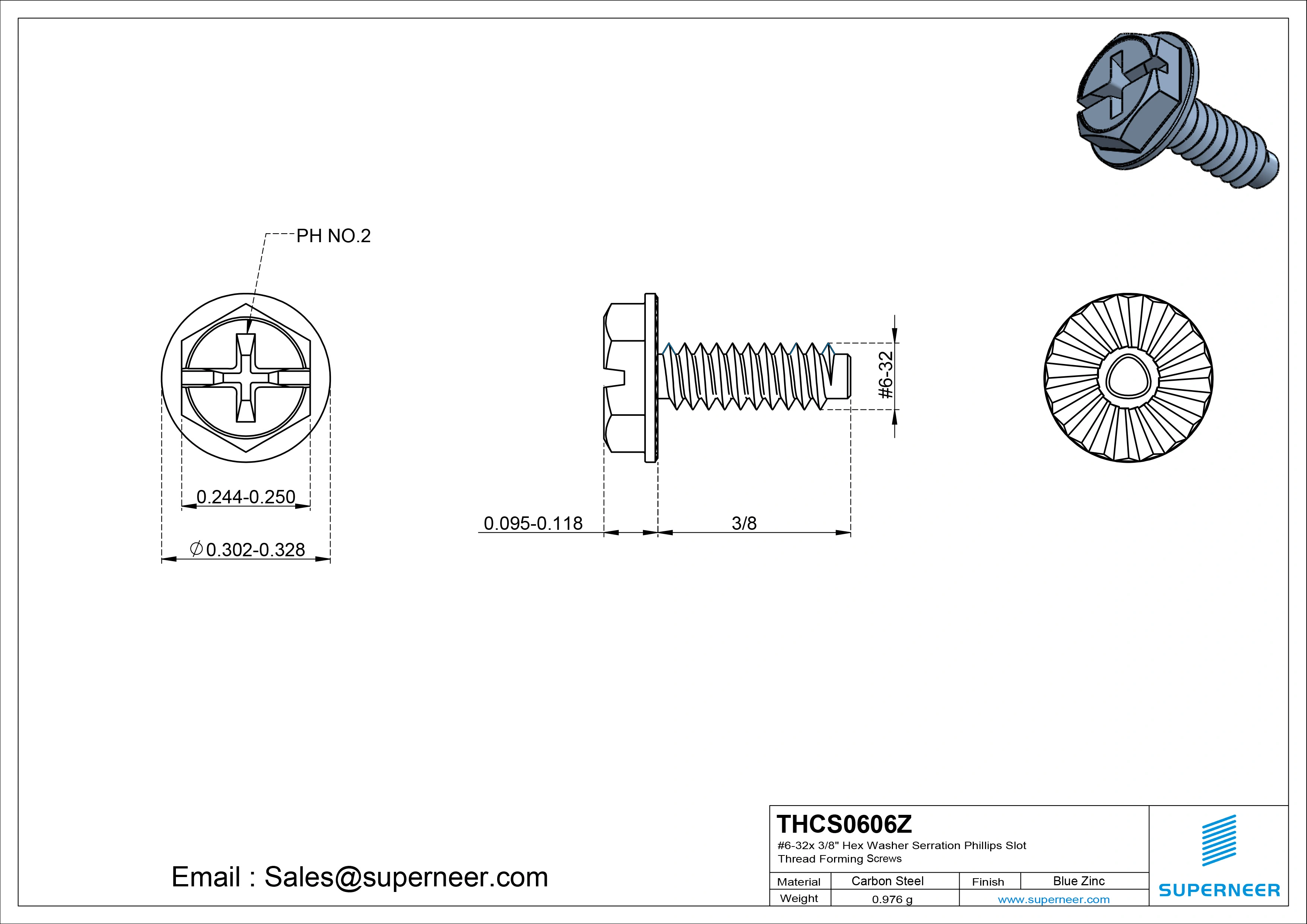 6-32 &times; 3/8 Hex Washer Serration Phillips Slot Thread Forming  Screws for Metal  Steel Blue Zinc Plated