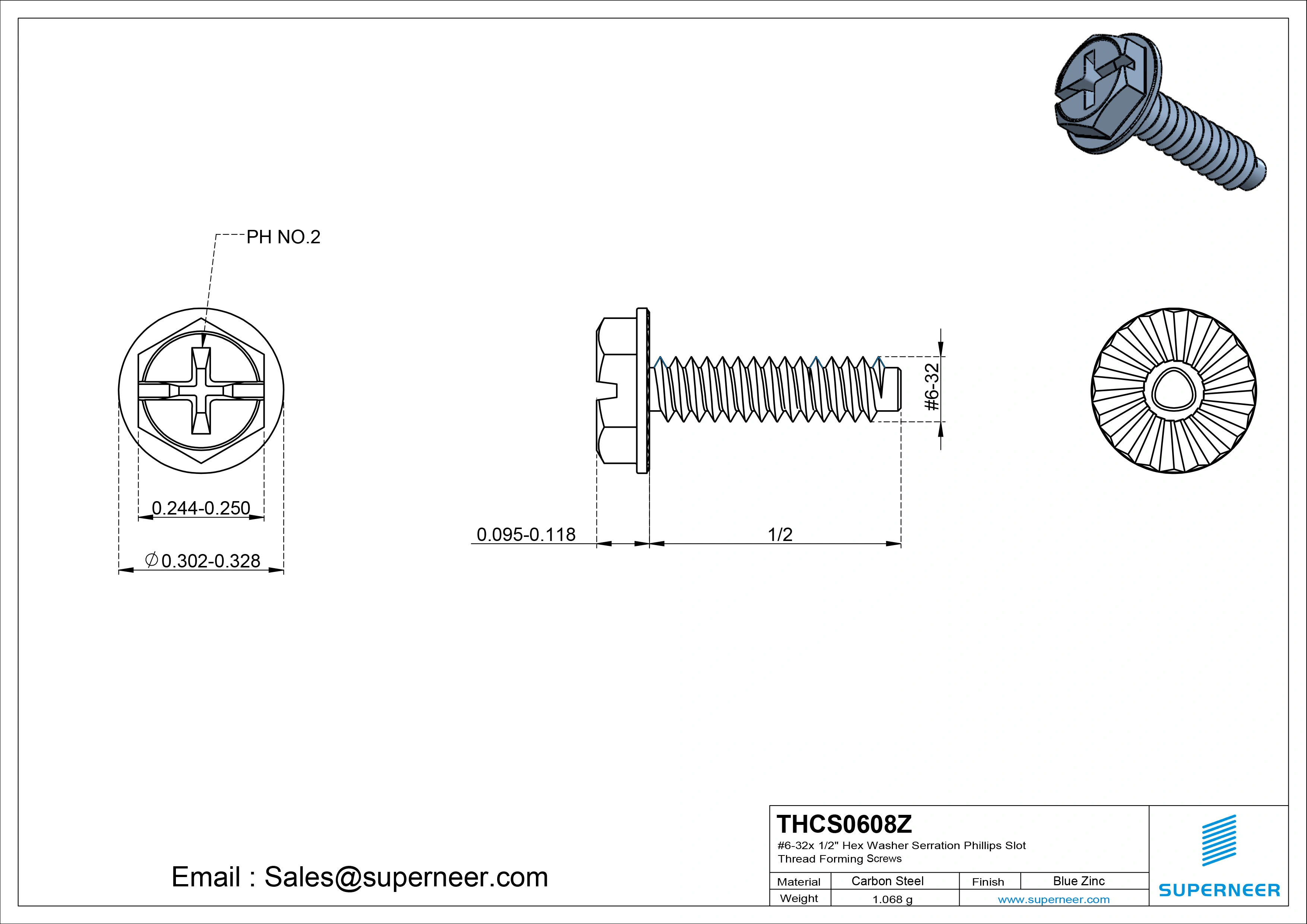 6-32 &times; 1/2 Hex Washer Serration Phillips Slot Thread Forming  Screws for Metal  Steel Blue Zinc Plated