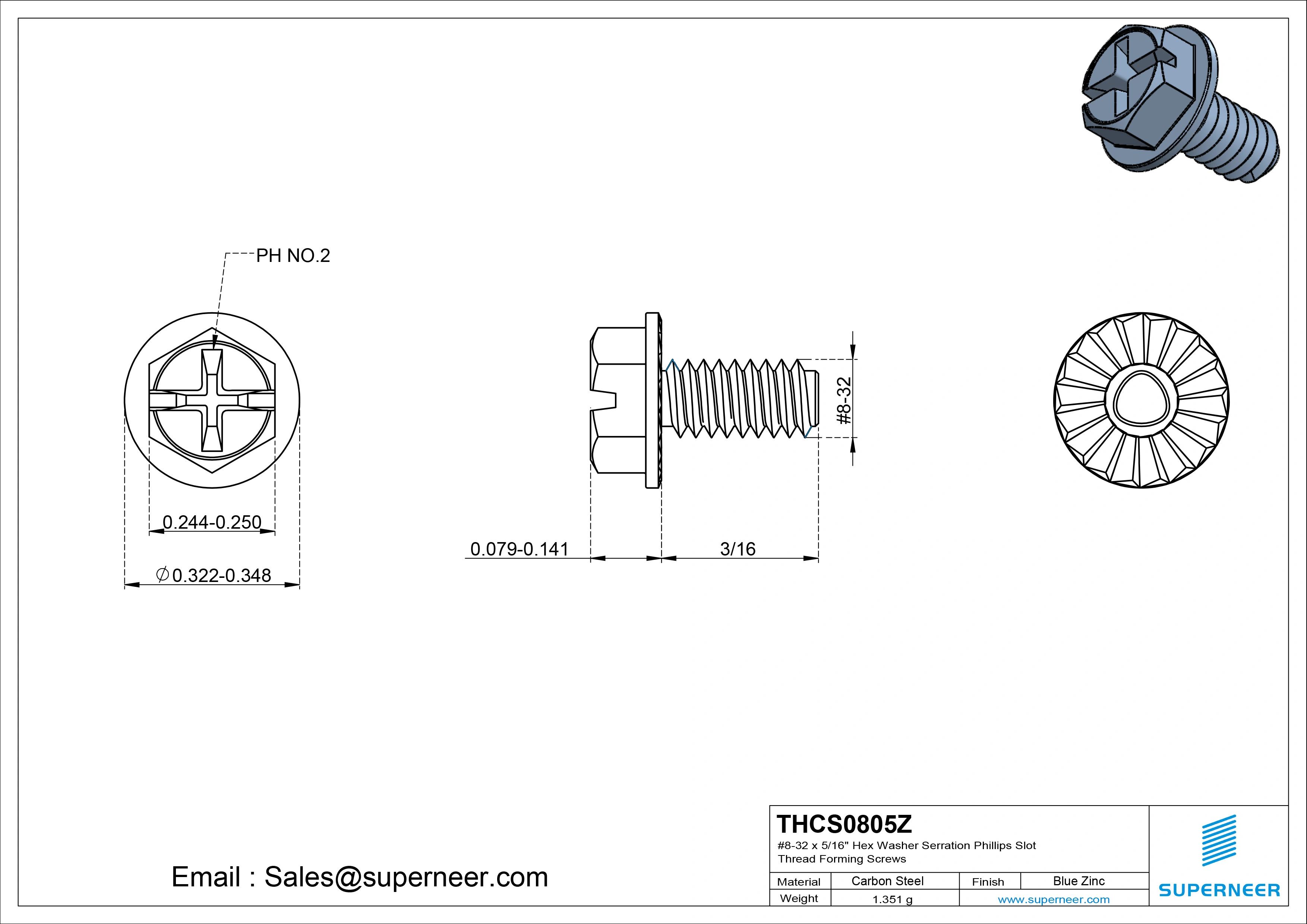 8-32 &times; 5/16 Hex Washer Serration Phillips Slot Thread Forming  Screws for Metal  Steel Blue Zinc Plated