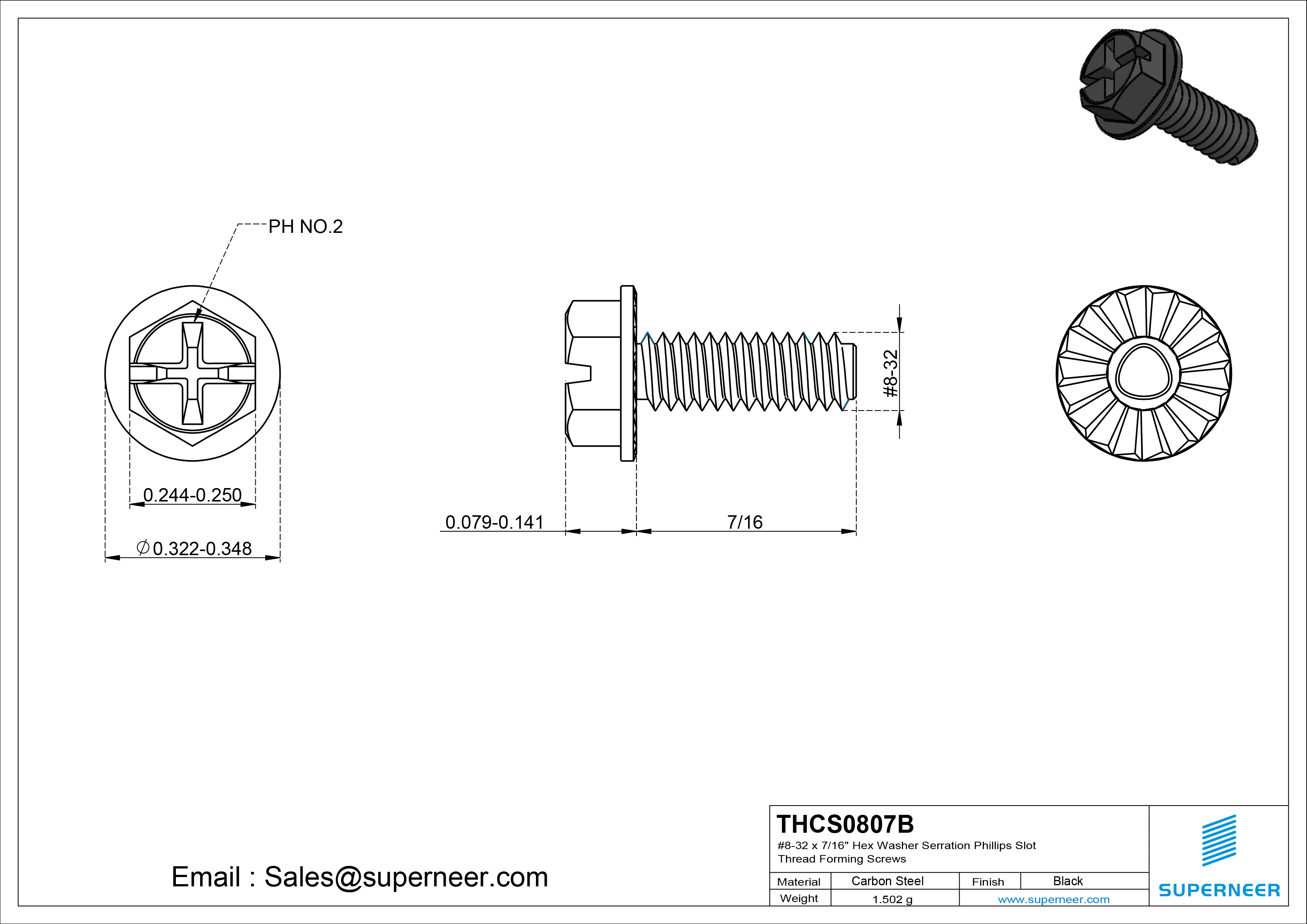 8-32 &times; 7/16 Hex Washer Serration Phillips Slot Thread Forming  Screws for Metal  Steel Black