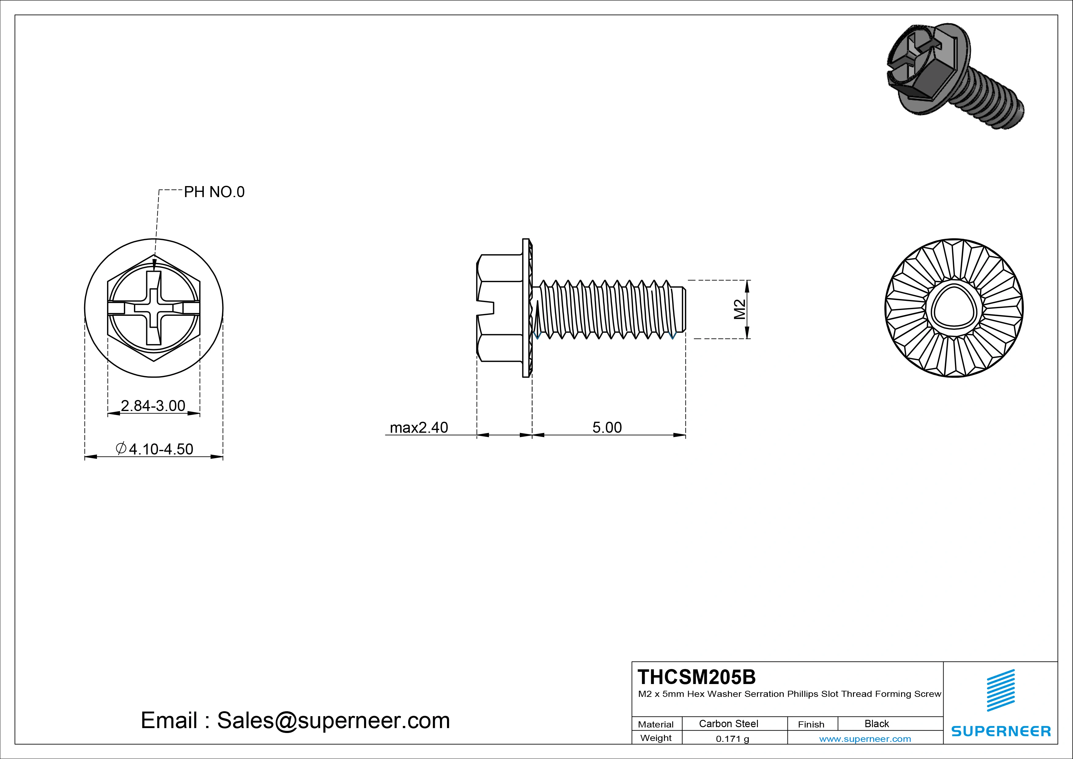 M2 &times; 5mm Indented Hex Washer Serrattion Phillips Slot Thread Forming Screws for Metal Steel Black