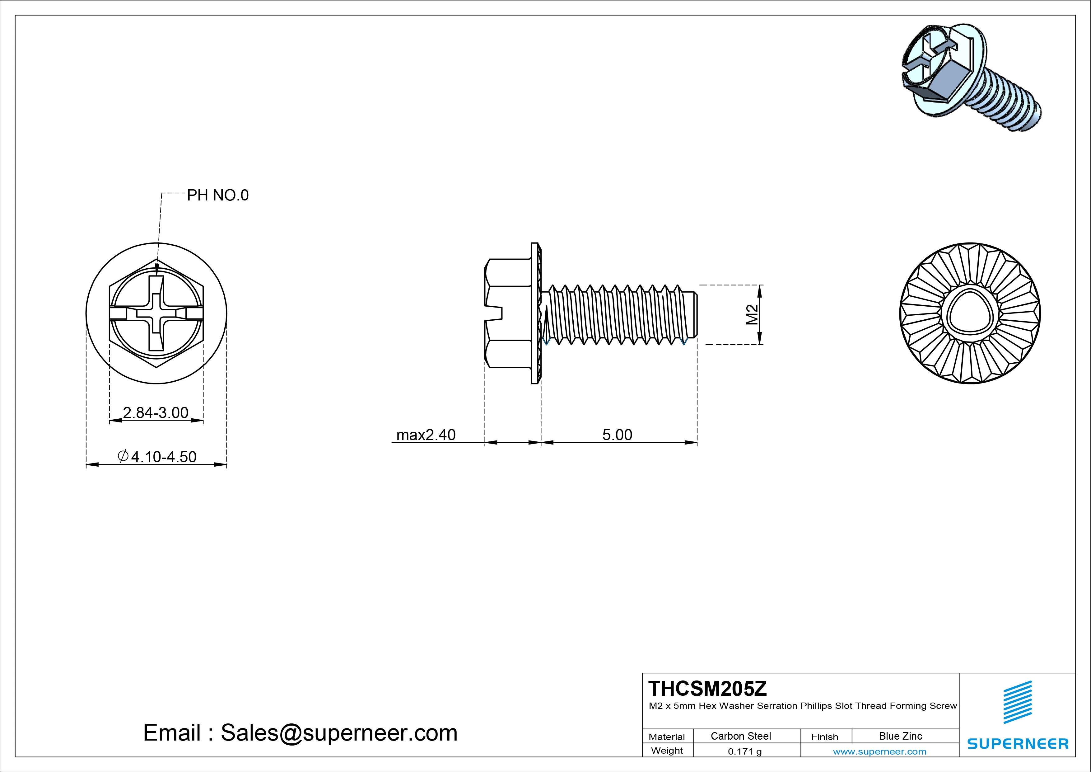 M2 &times; 5mm Indented Hex Washer Serrattion Phillips Slot Thread Forming Screws for Metal Steel Blue Zinc Plated
