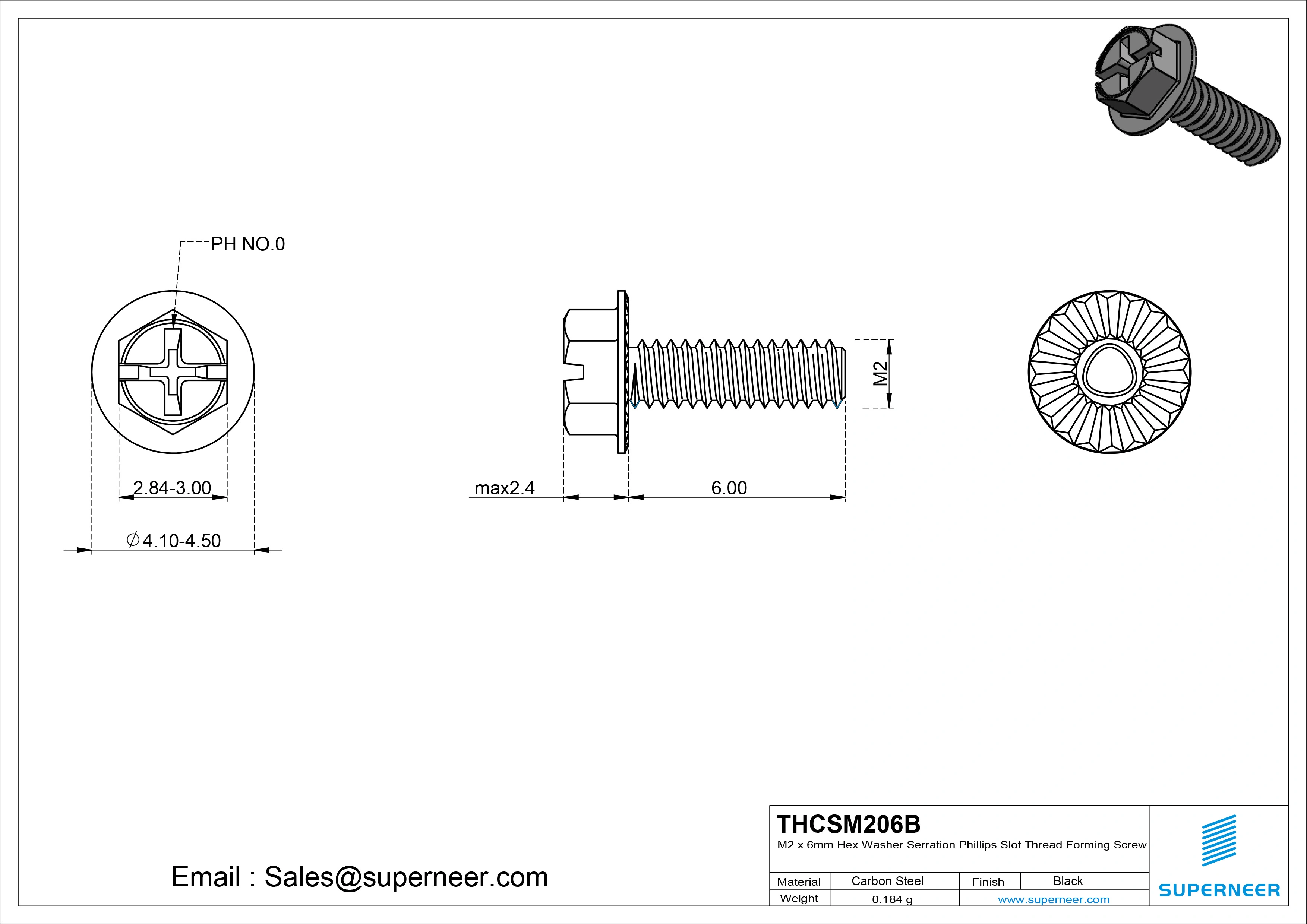 M2 &times; 6mm Indented Hex Washer Serrattion Phillips Slot Thread Forming Screws for Metal Steel Black