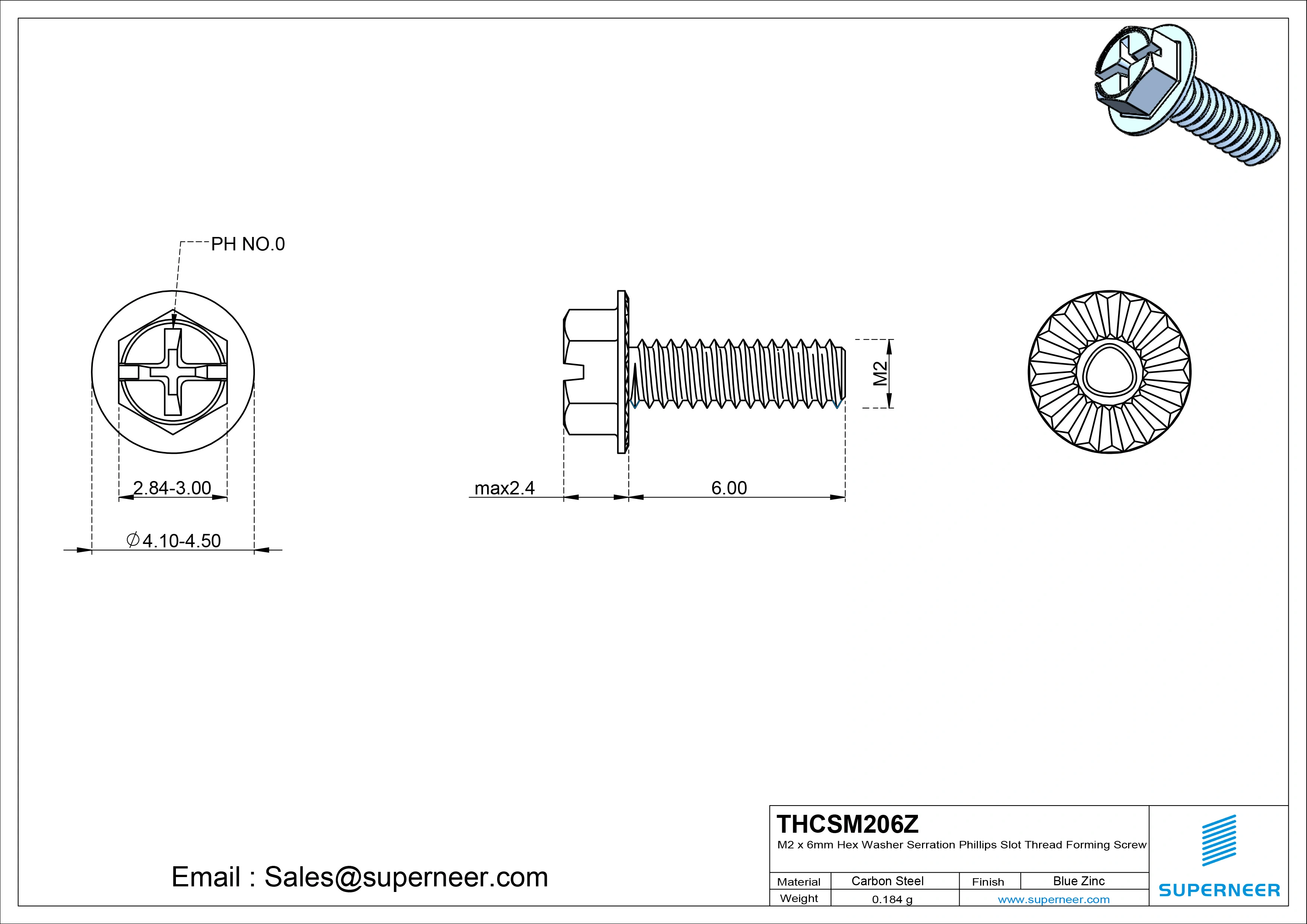 M2 &times; 6mm Indented Hex Washer Serrattion Phillips Slot Thread Forming Screws for Metal Steel Blue Zinc Plated
