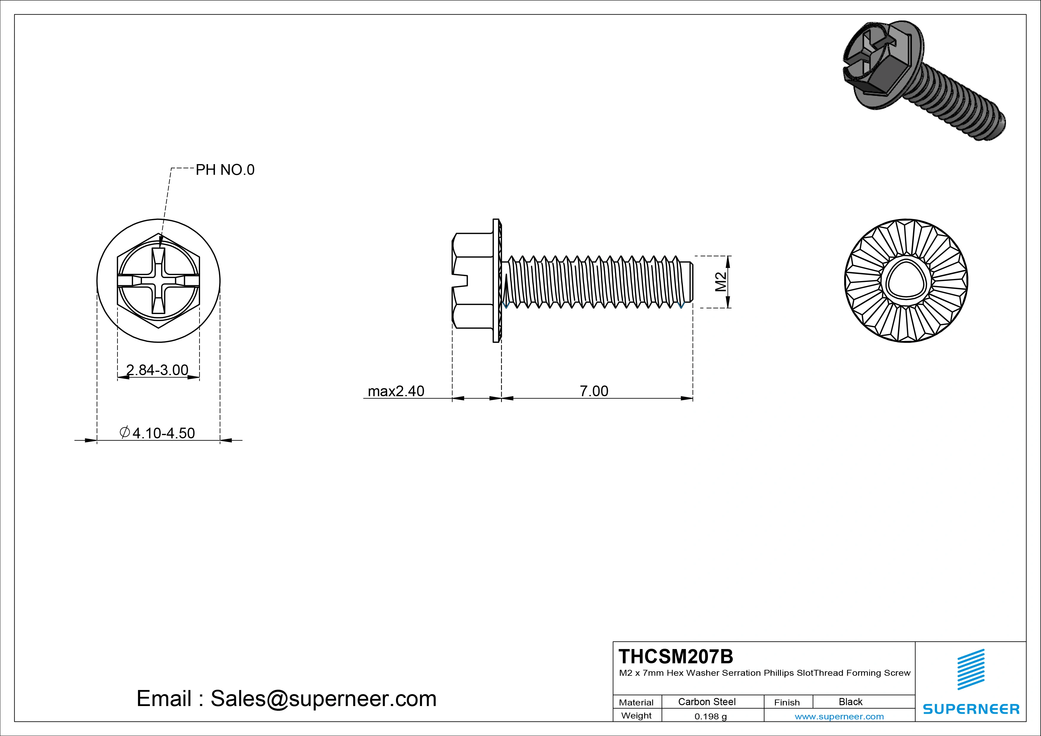 M2 &times; 7mm Indented Hex Washer Serrattion Phillips Slot Thread Forming Screws for Metal Steel Black