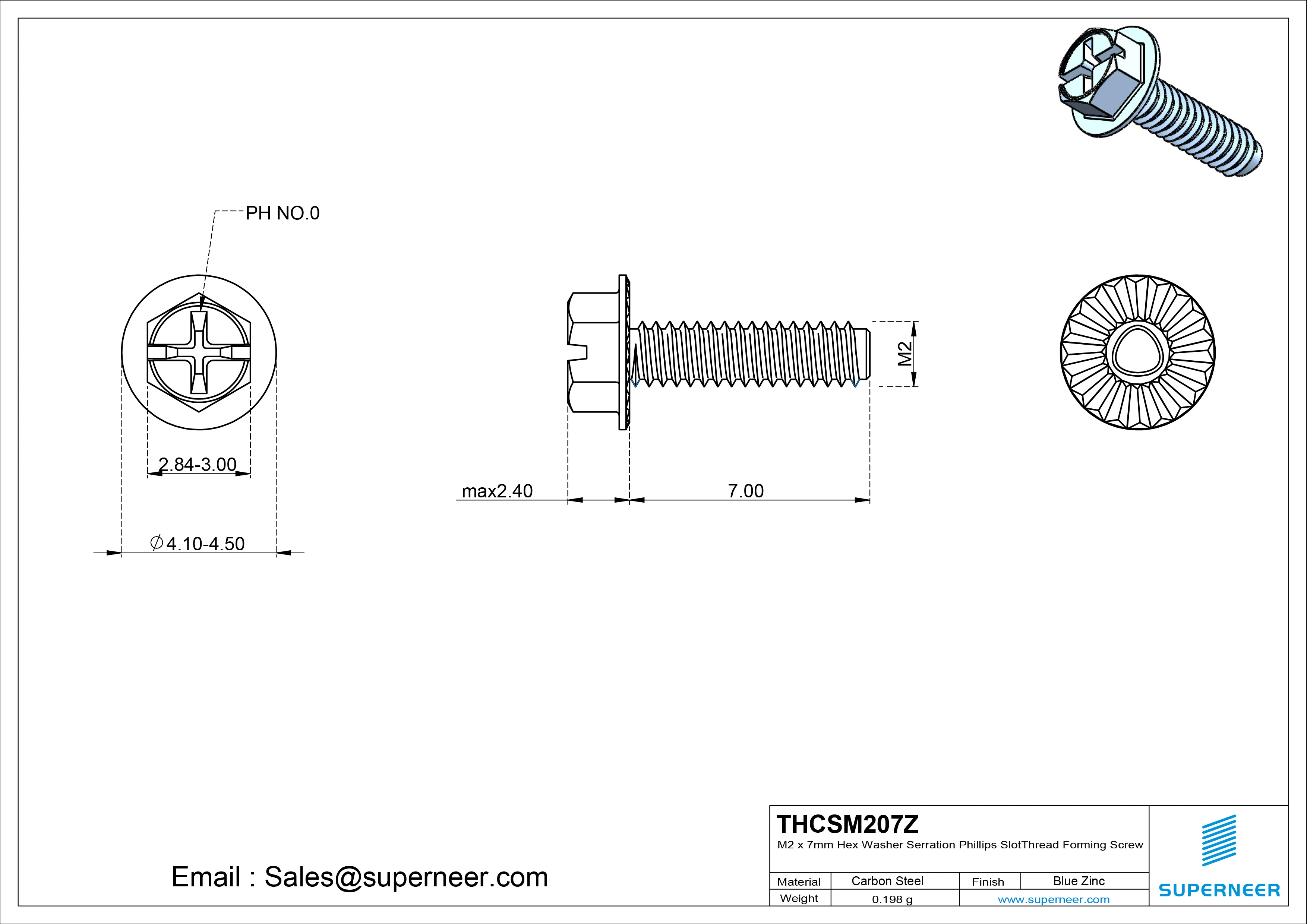 M2 &times; 7mm Indented Hex Washer Serrattion Phillips Slot Thread Forming Screws for Metal Steel Blue Zinc Plated