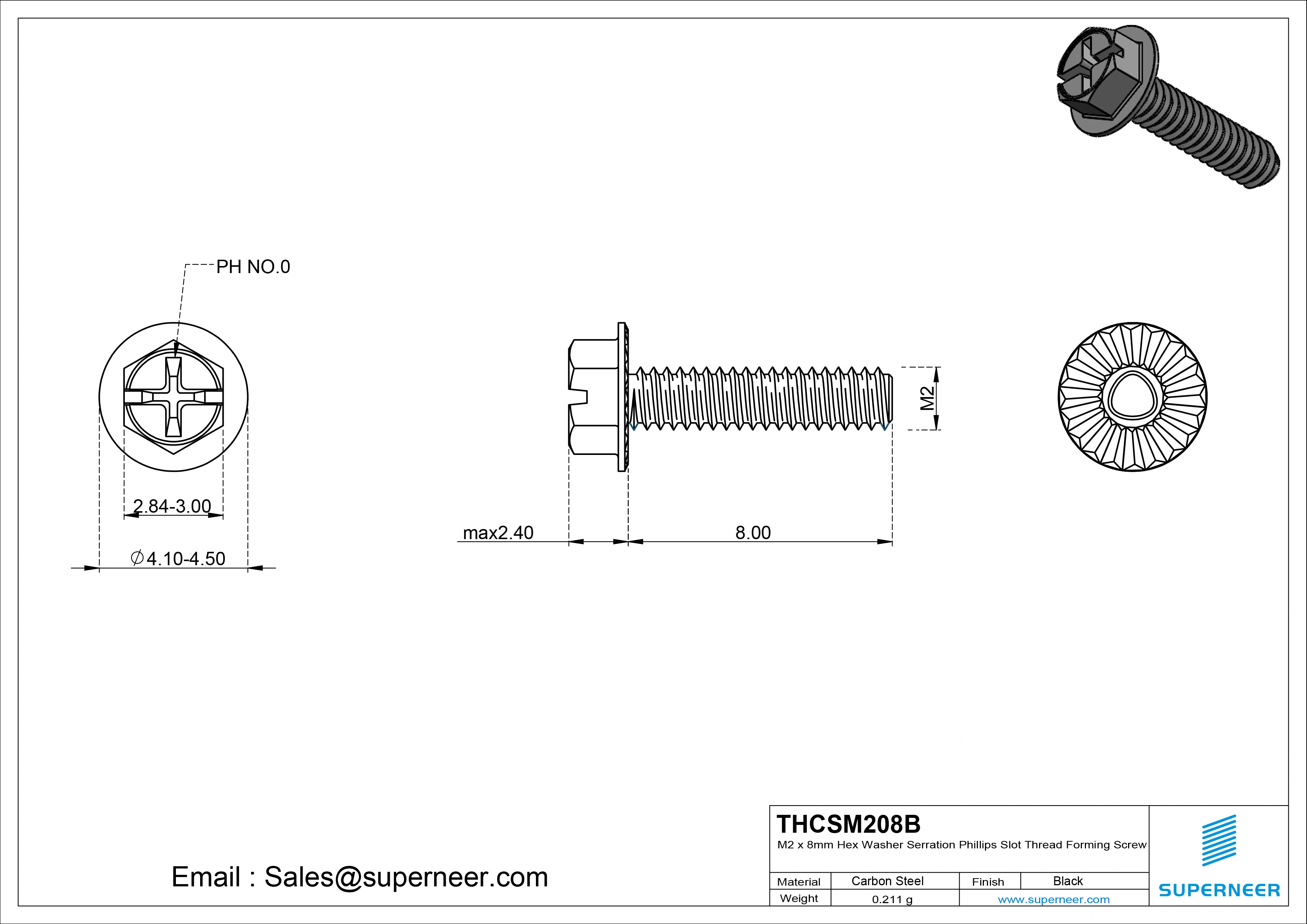 M2 &times; 8mm Indented Hex Washer Serrattion Phillips Slot Thread Forming Screws for Metal Steel Black