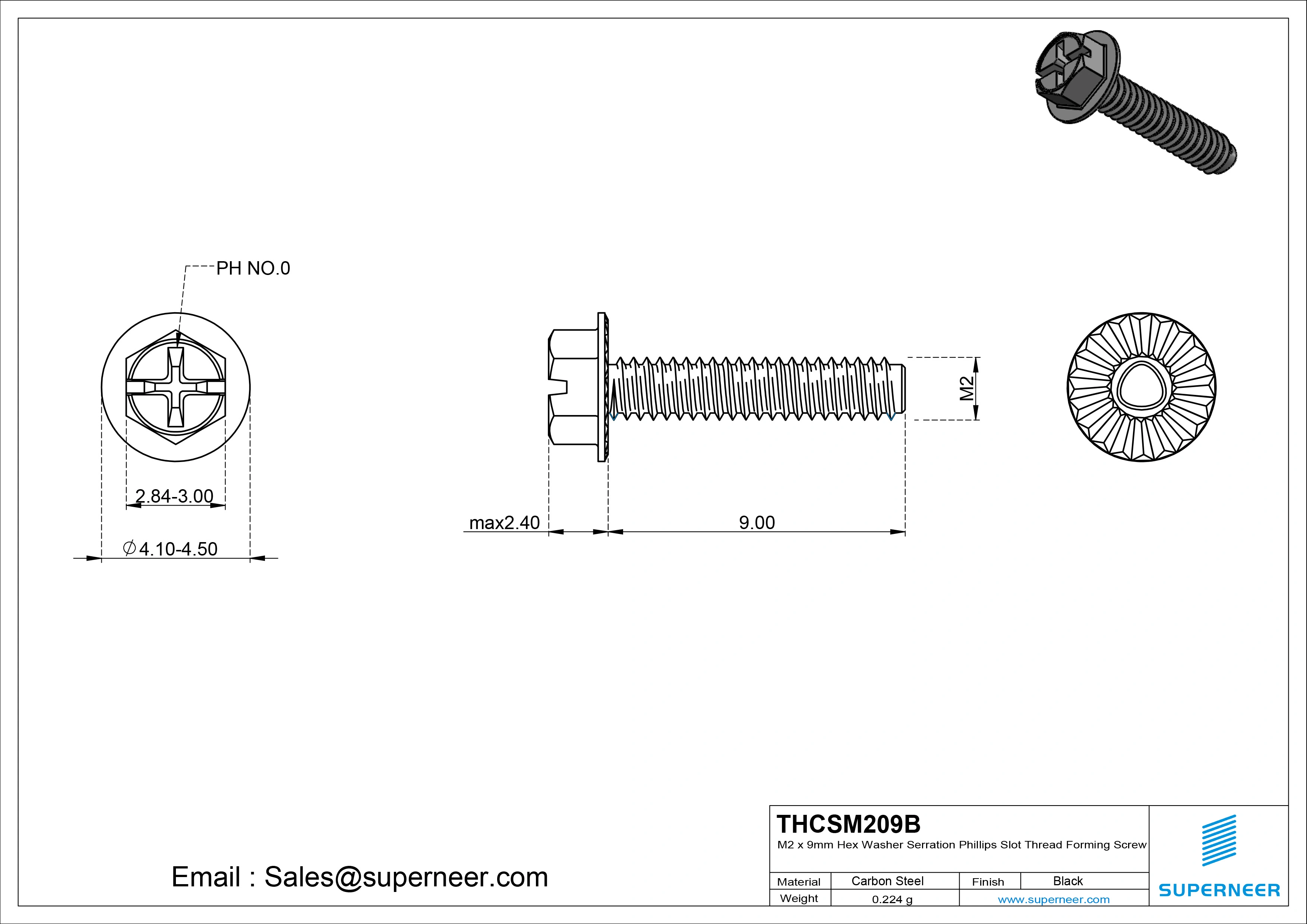 M2 &times; 9mm Indented Hex Washer Serrattion Phillips Slot Thread Forming Screws for Metal Steel Black