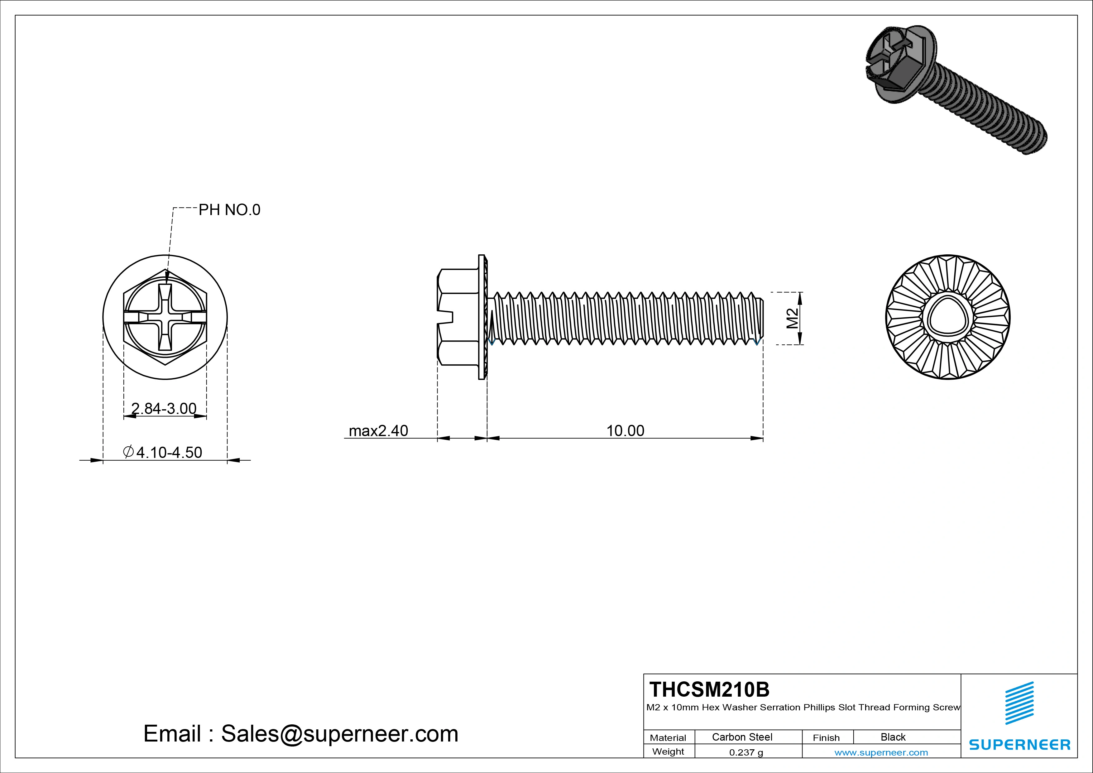 M2 &times; 10mm Indented Hex Washer Serrattion Phillips Slot Thread Forming Screws for Metal Steel Black
