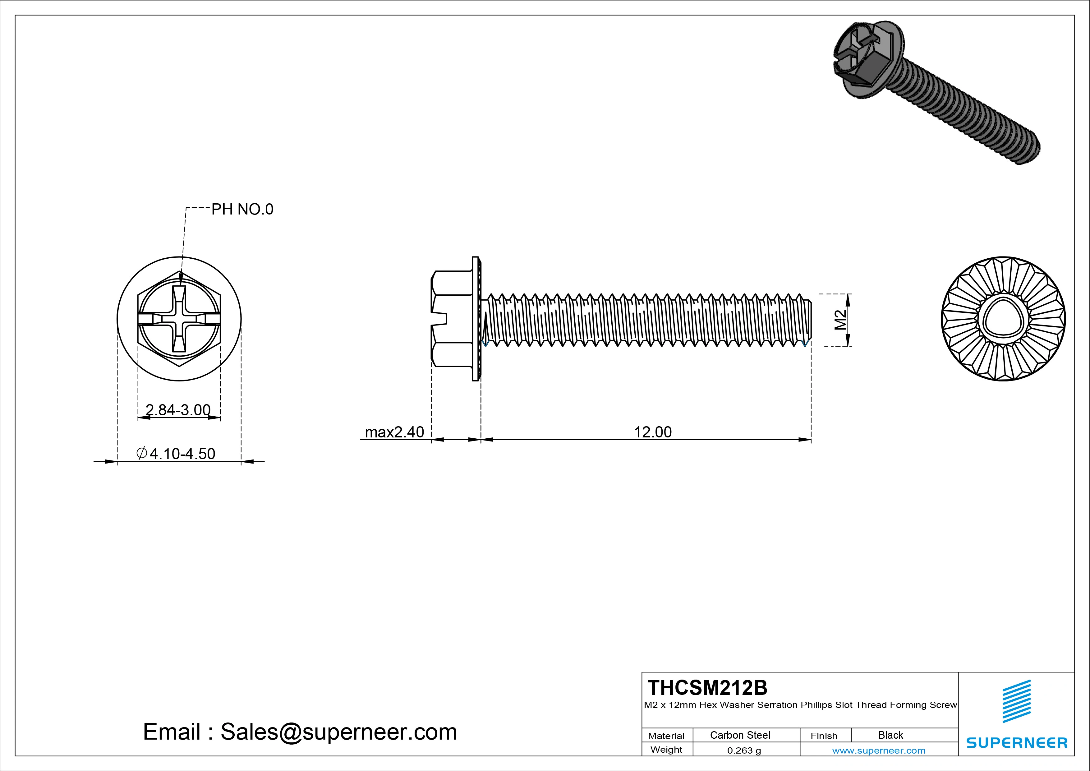 M2 &times; 12mm Indented Hex Washer Serrattion Phillips Slot Thread Forming Screws for Metal Steel Black