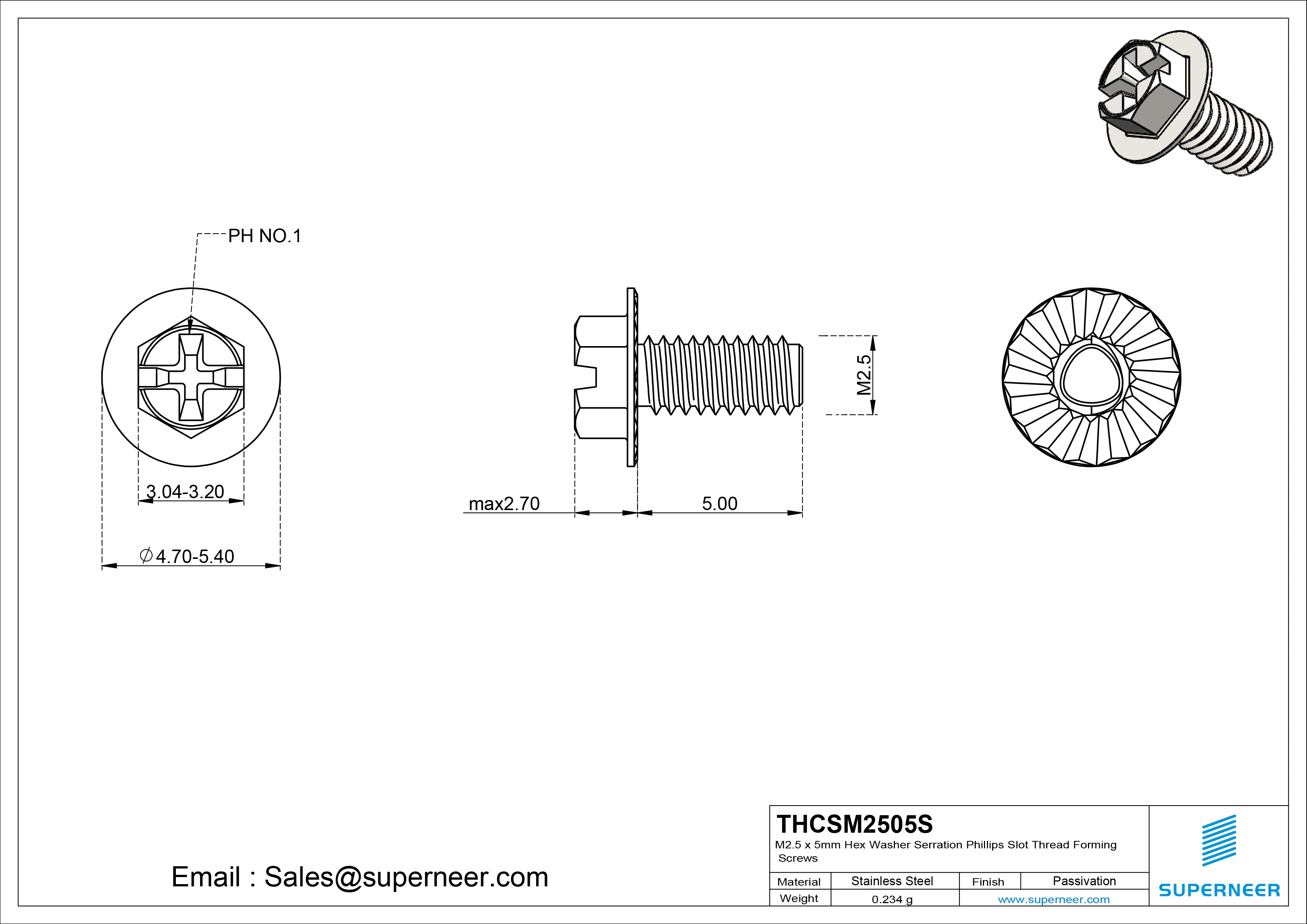 M2.5 &times; 5mm Indented Hex Washer Serrattion Phillips Slot Thread Forming Screws for Metal SUS304 Stainless Steel Inox