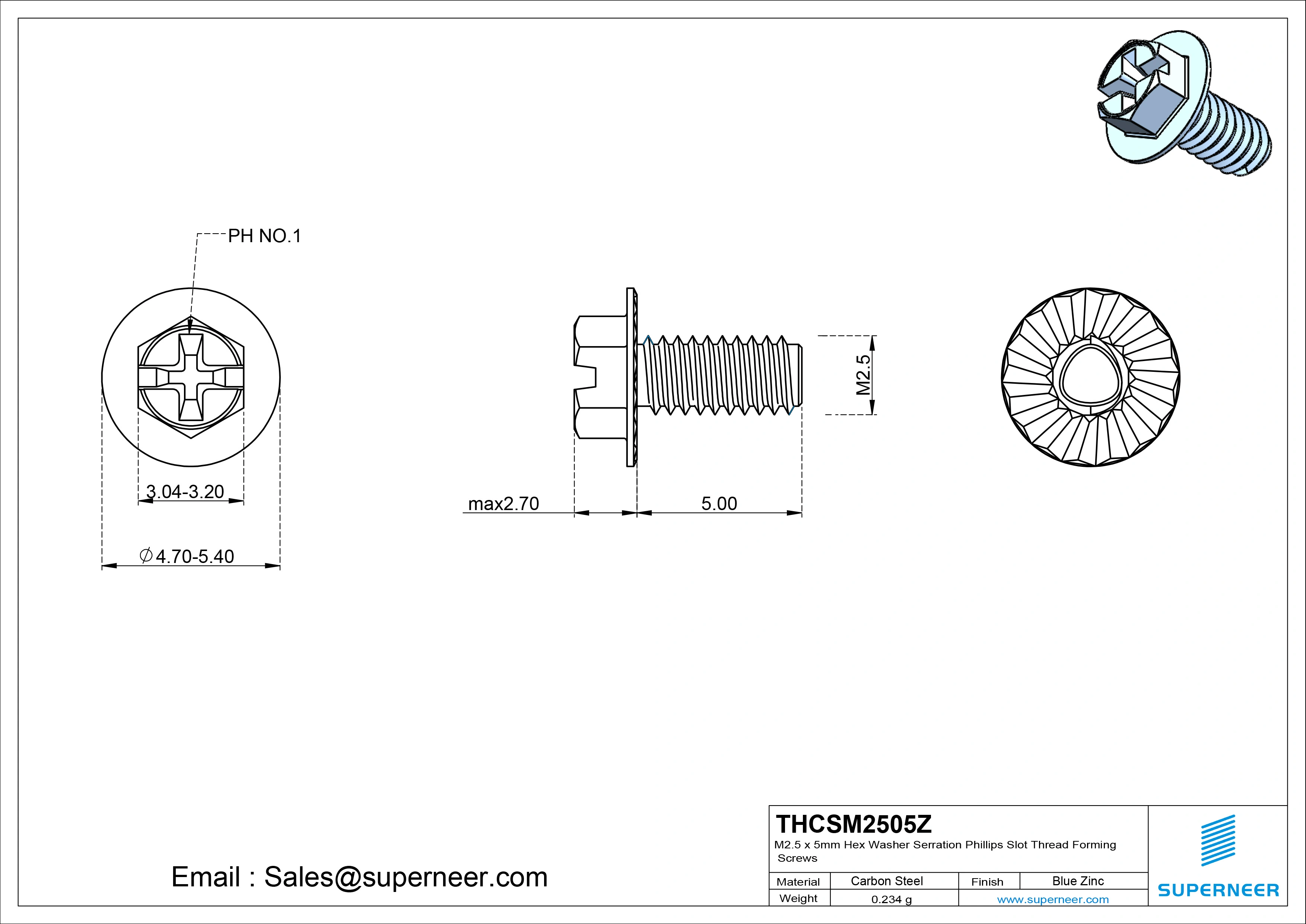 M2.5 &times; 5mm Indented Hex Washer Serrattion Phillips Slot Thread Forming Screws for Metal Steel Blue Zinc Plated