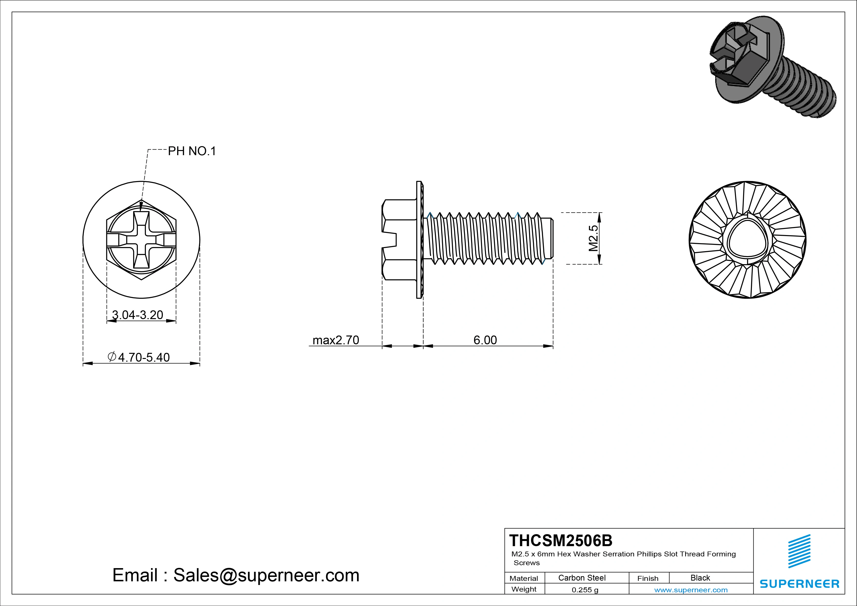 M2.5 &times; 6mm Indented Hex Washer Serrattion Phillips Slot Thread Forming Screws for Metal Steel Black