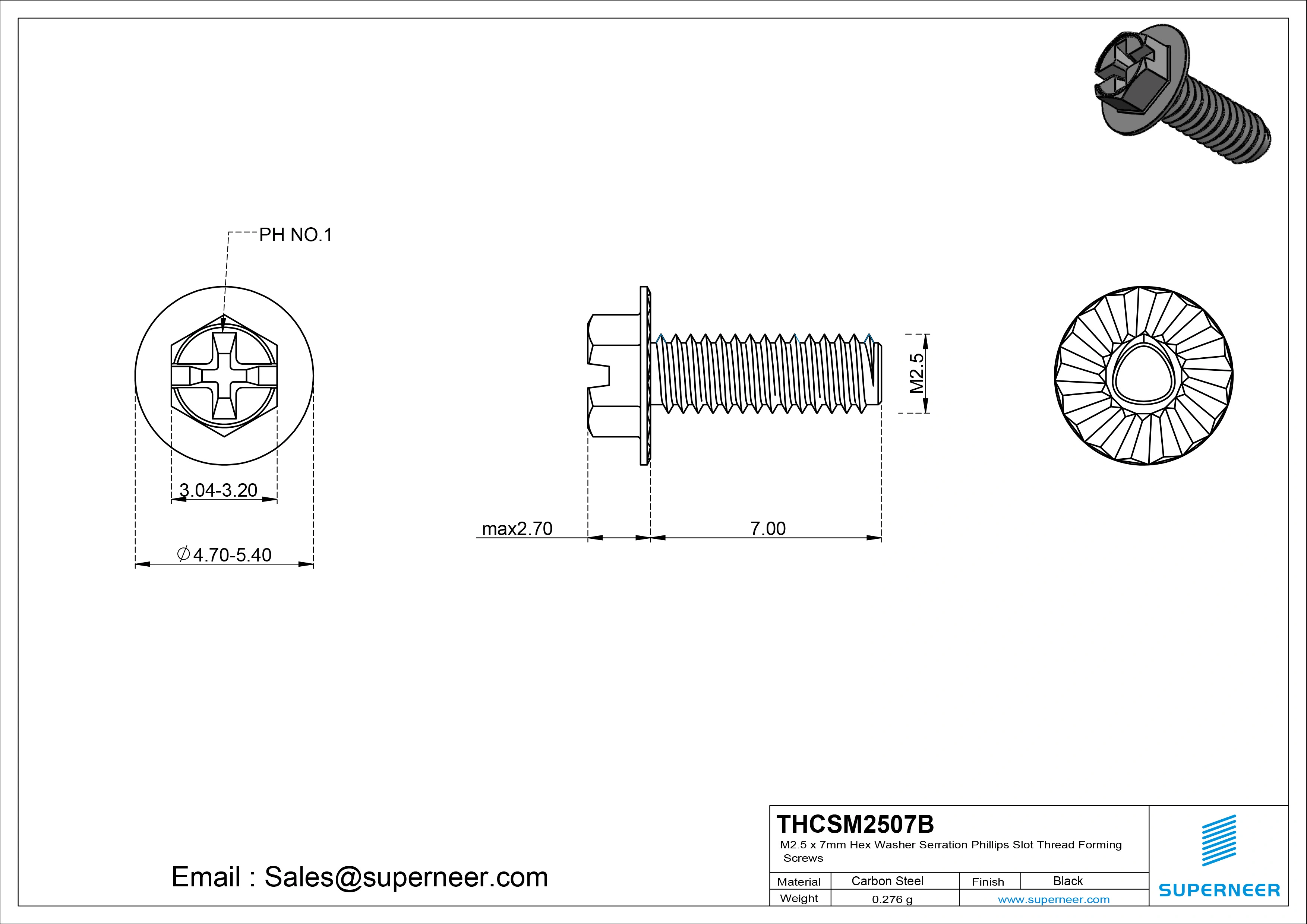 M2.5 &times; 7mm Indented Hex Washer Serrattion Phillips Slot Thread Forming Screws for Metal Steel Black