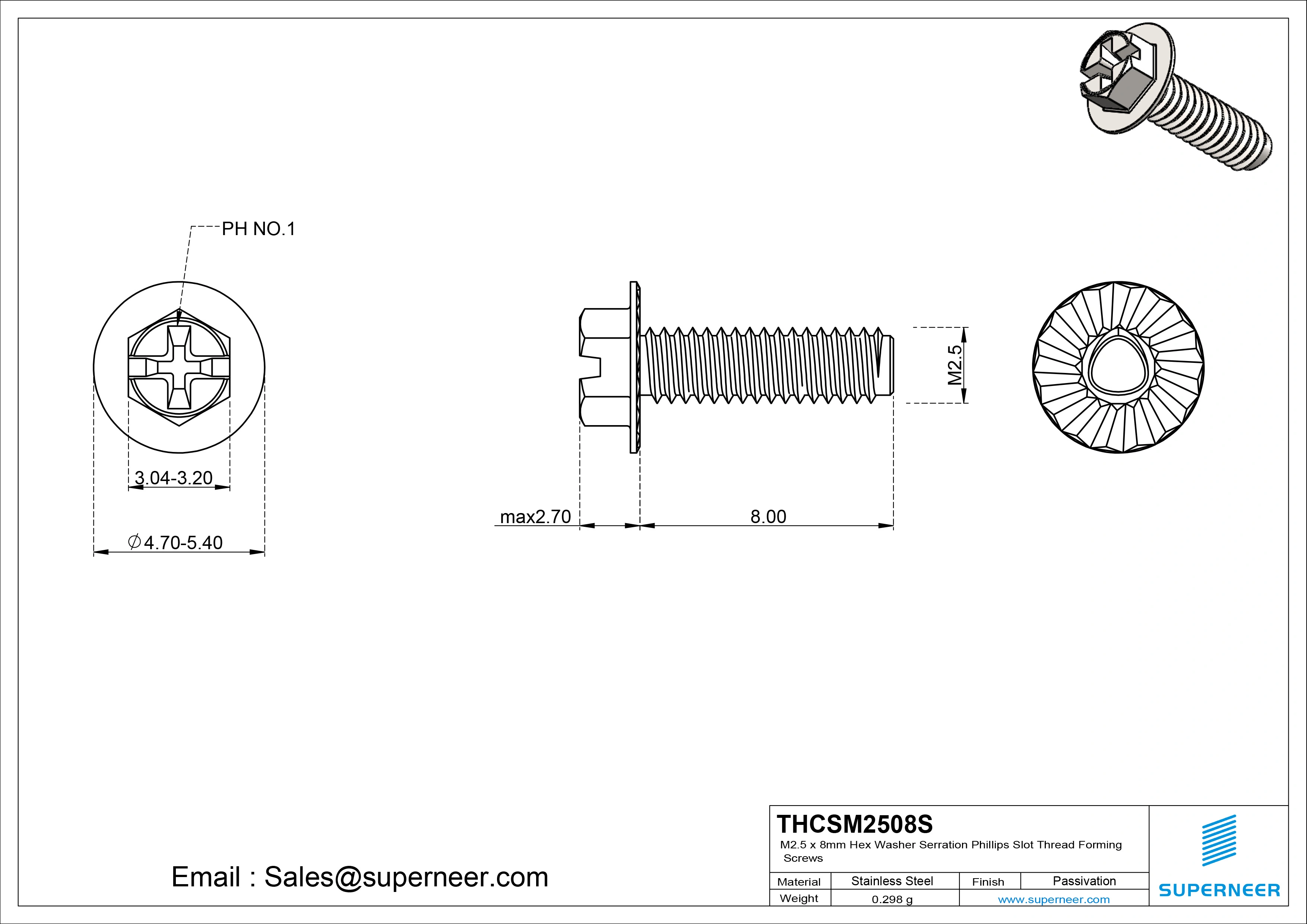 M2.5 &times; 8mm Indented Hex Washer Serrattion Phillips Slot Thread Forming Screws for Metal SUS304 Stainless Steel Inox