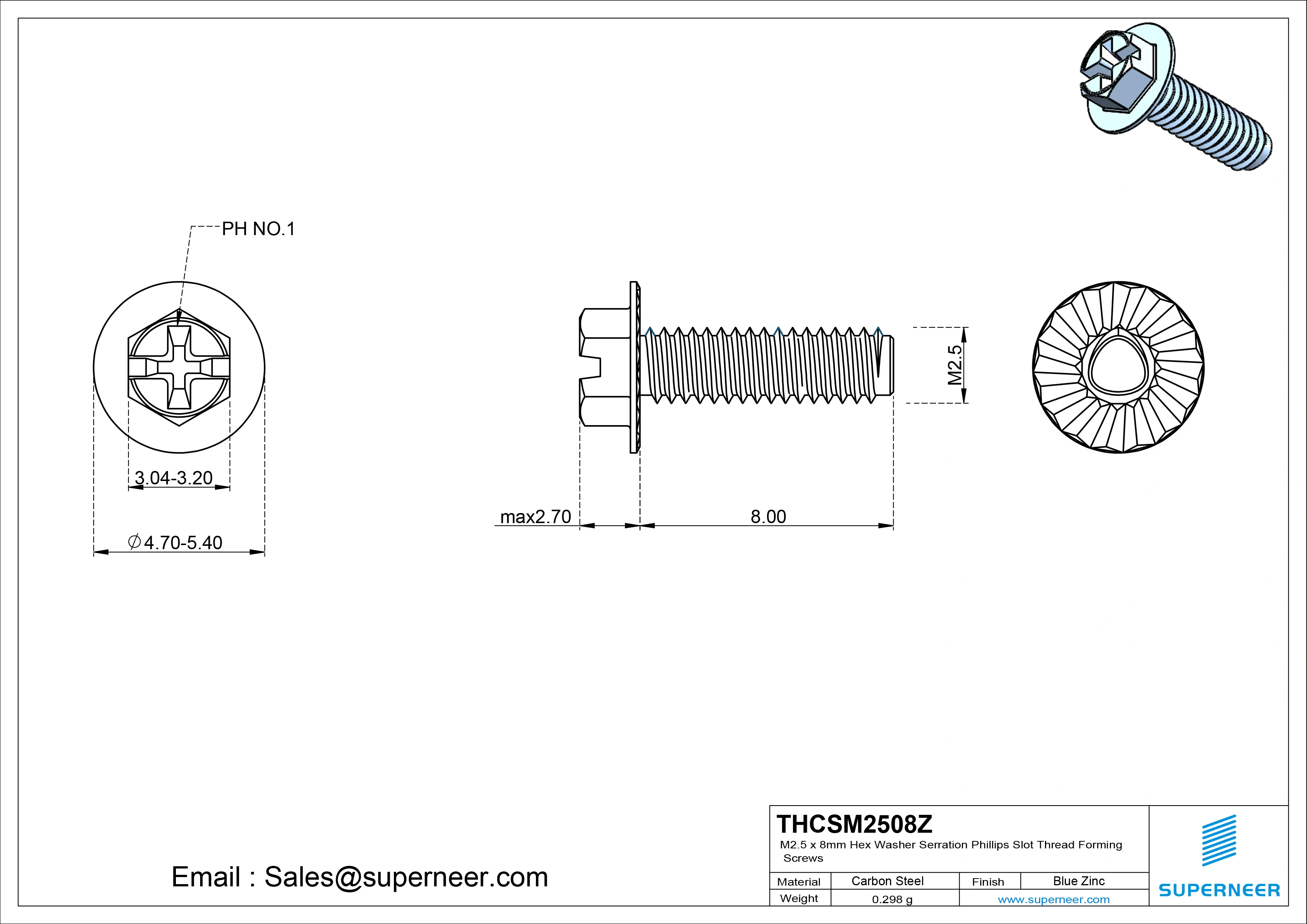 M2.5 &times; 8mm Indented Hex Washer Serrattion Phillips Slot Thread Forming Screws for Metal Steel Blue Zinc Plated