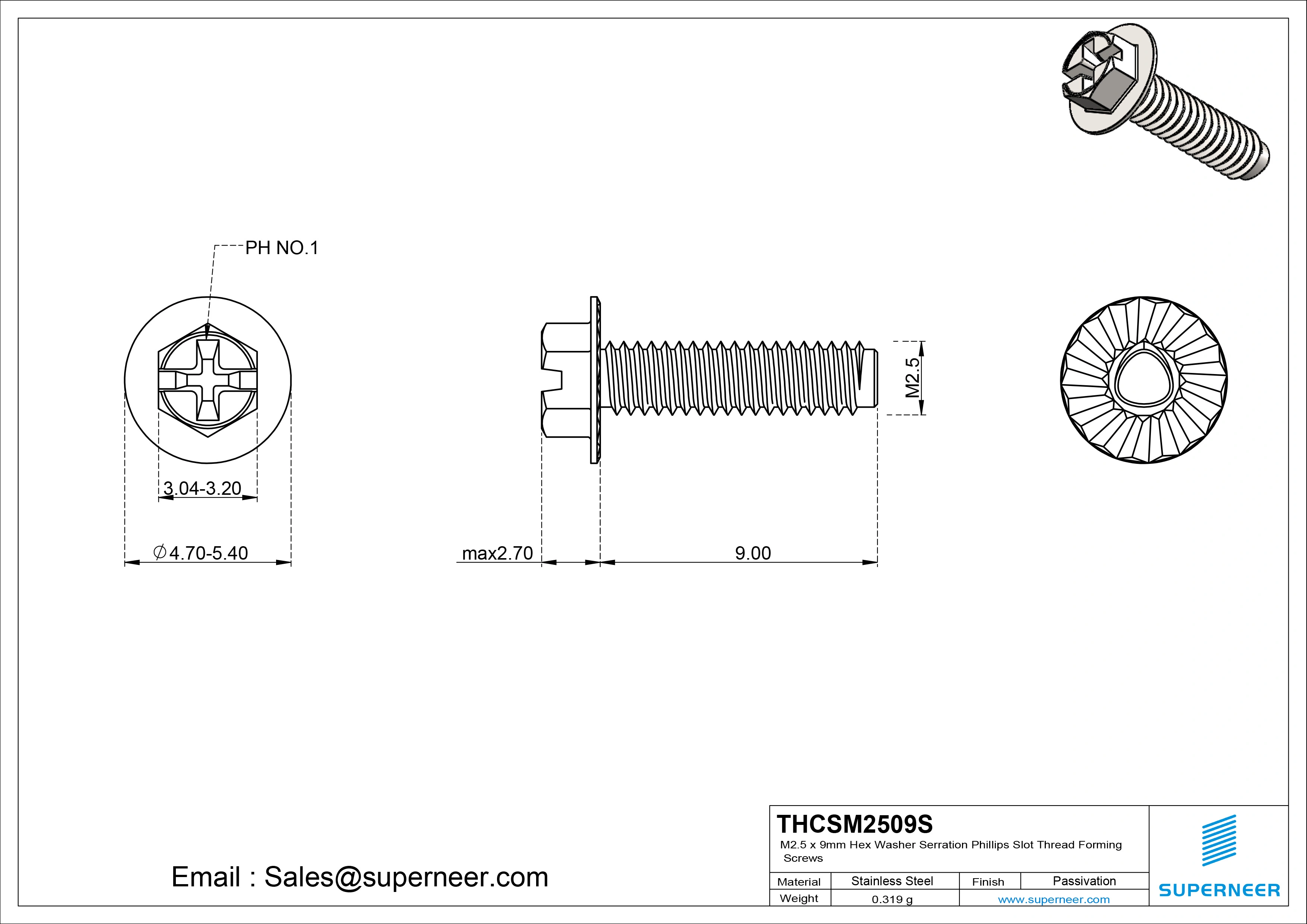M2.5 &times; 9mm Indented Hex Washer Serrattion Phillips Slot Thread Forming Screws for Metal SUS304 Stainless Steel Inox