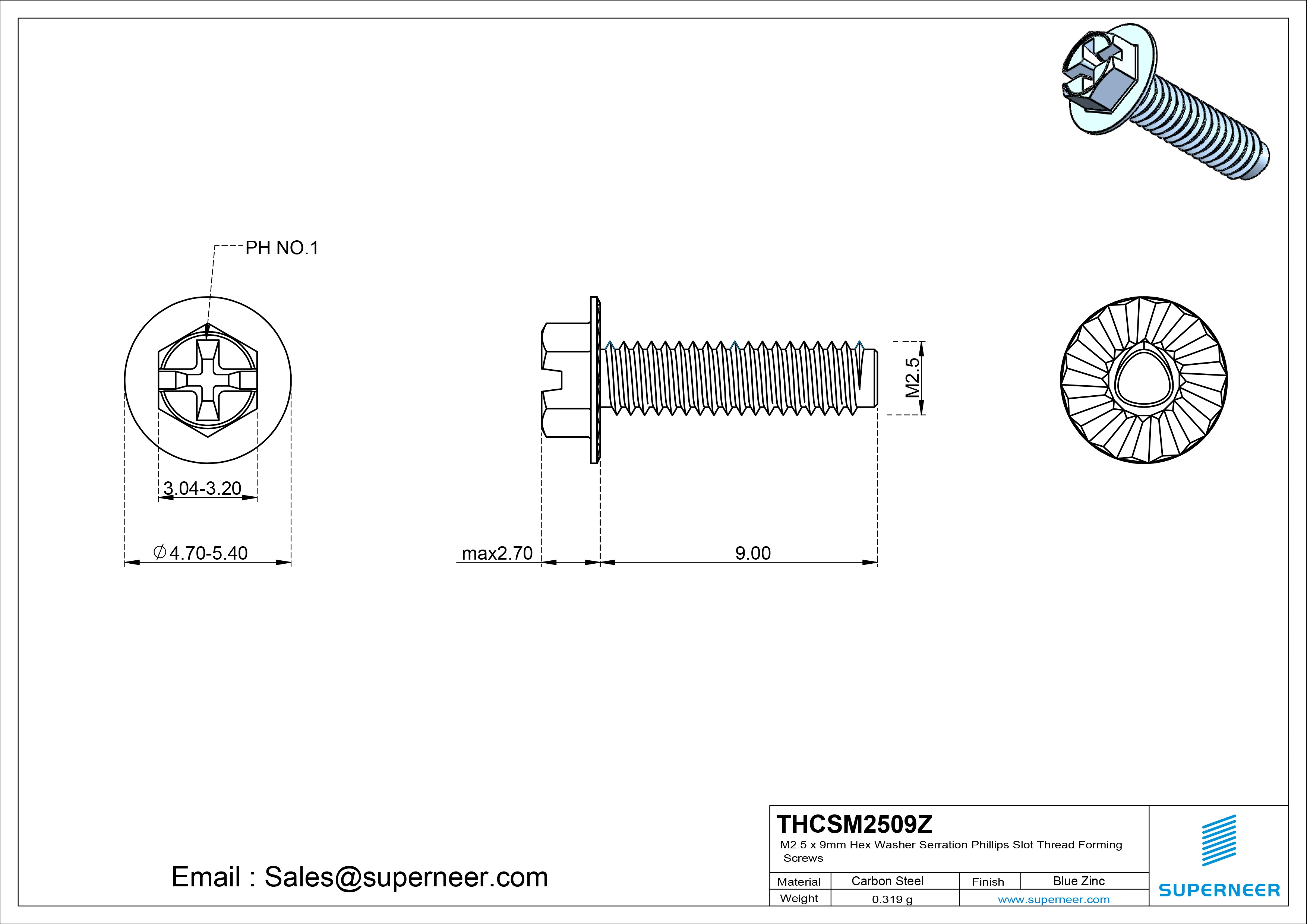 M2.5 &times; 9mm Indented Hex Washer Serrattion Phillips Slot Thread Forming Screws for Metal Steel Blue Zinc Plated