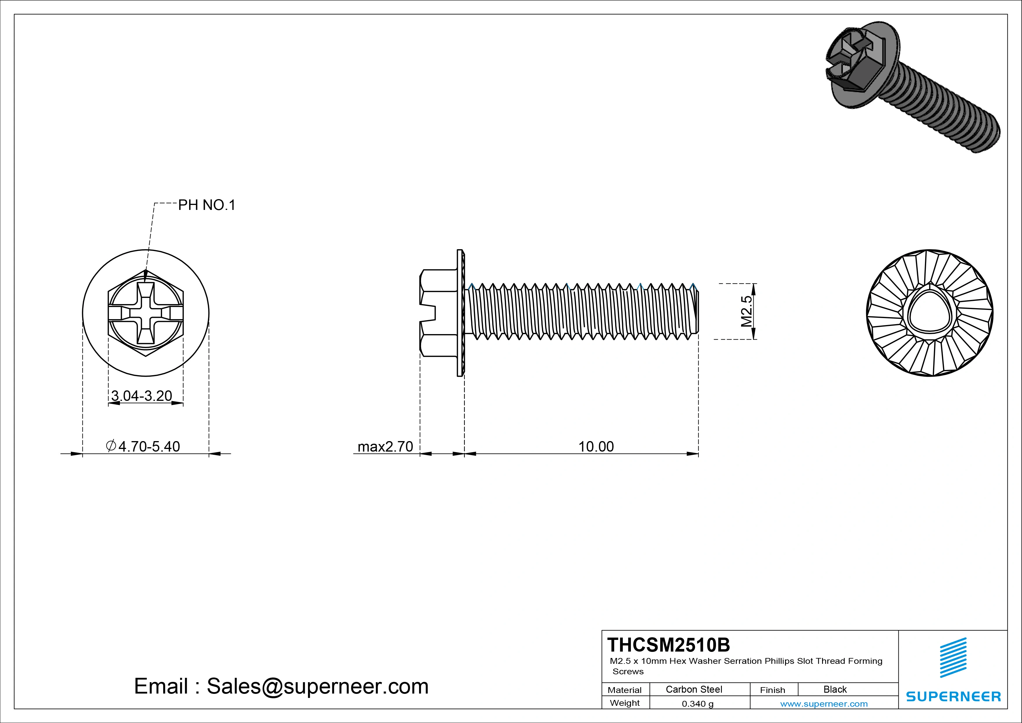 M2.5 &times; 10mm Indented Hex Washer Serrattion Phillips Slot Thread Forming Screws for Metal Steel Black