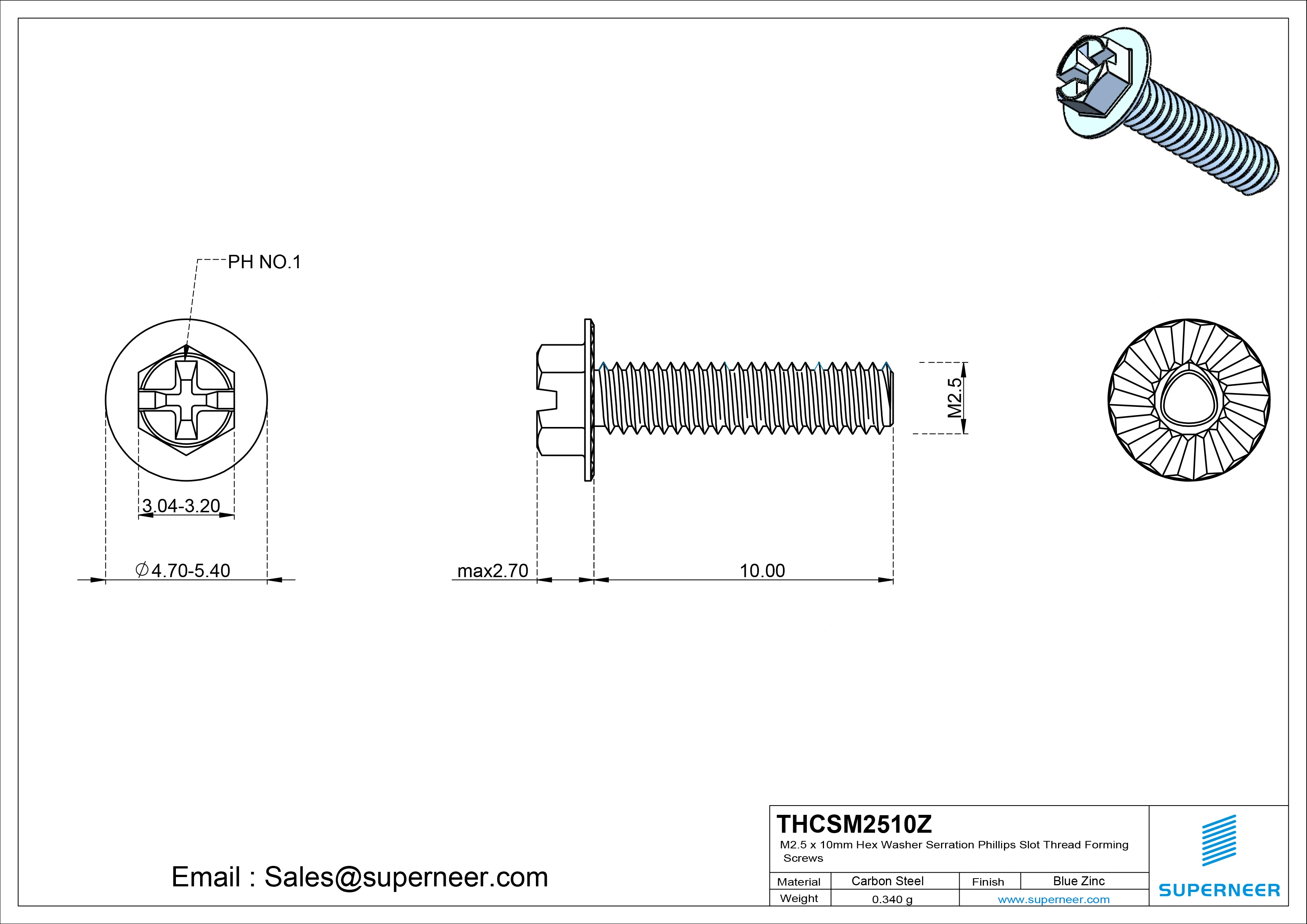 M2.5 &times; 10mm Indented Hex Washer Serrattion Phillips Slot Thread Forming Screws for Metal Steel Blue Zinc Plated