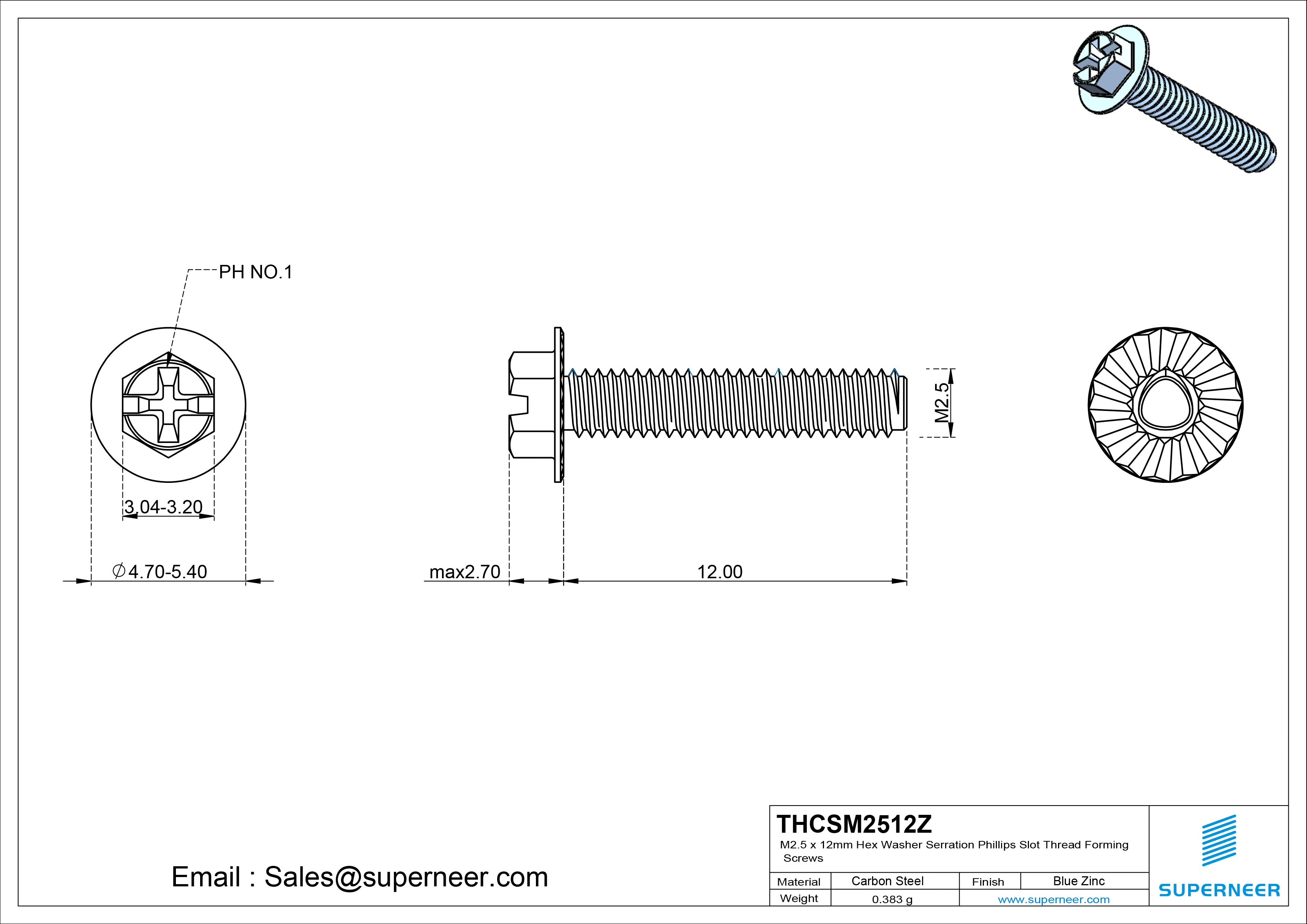 M2.5 &times; 12mm Indented Hex Washer Serrattion Phillips Slot Thread Forming Screws for Metal Steel Blue Zinc Plated