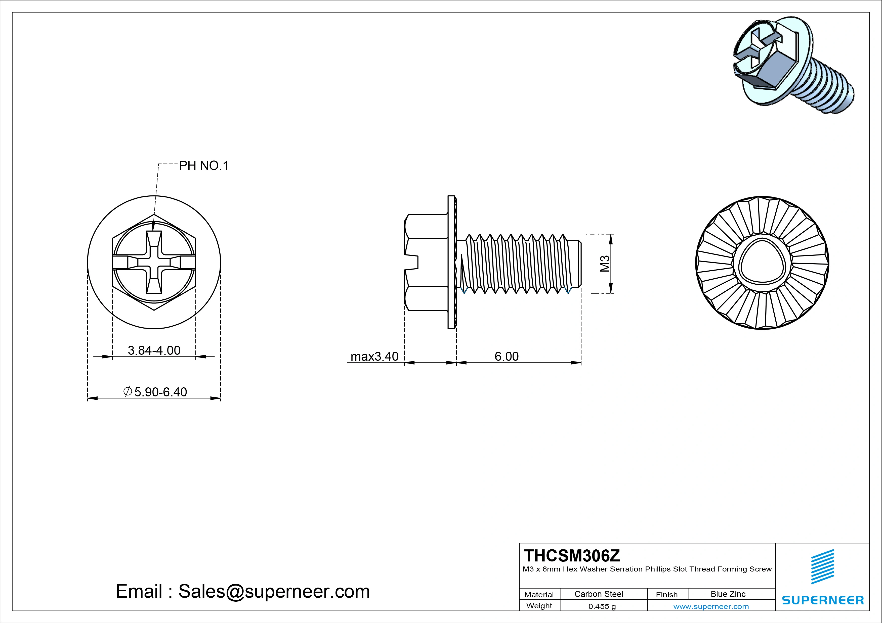 M3 &times; 6mm Indented Hex Washer Serrattion Phillips Slot Thread Forming Screws for Metal Steel Blue Zinc Plated