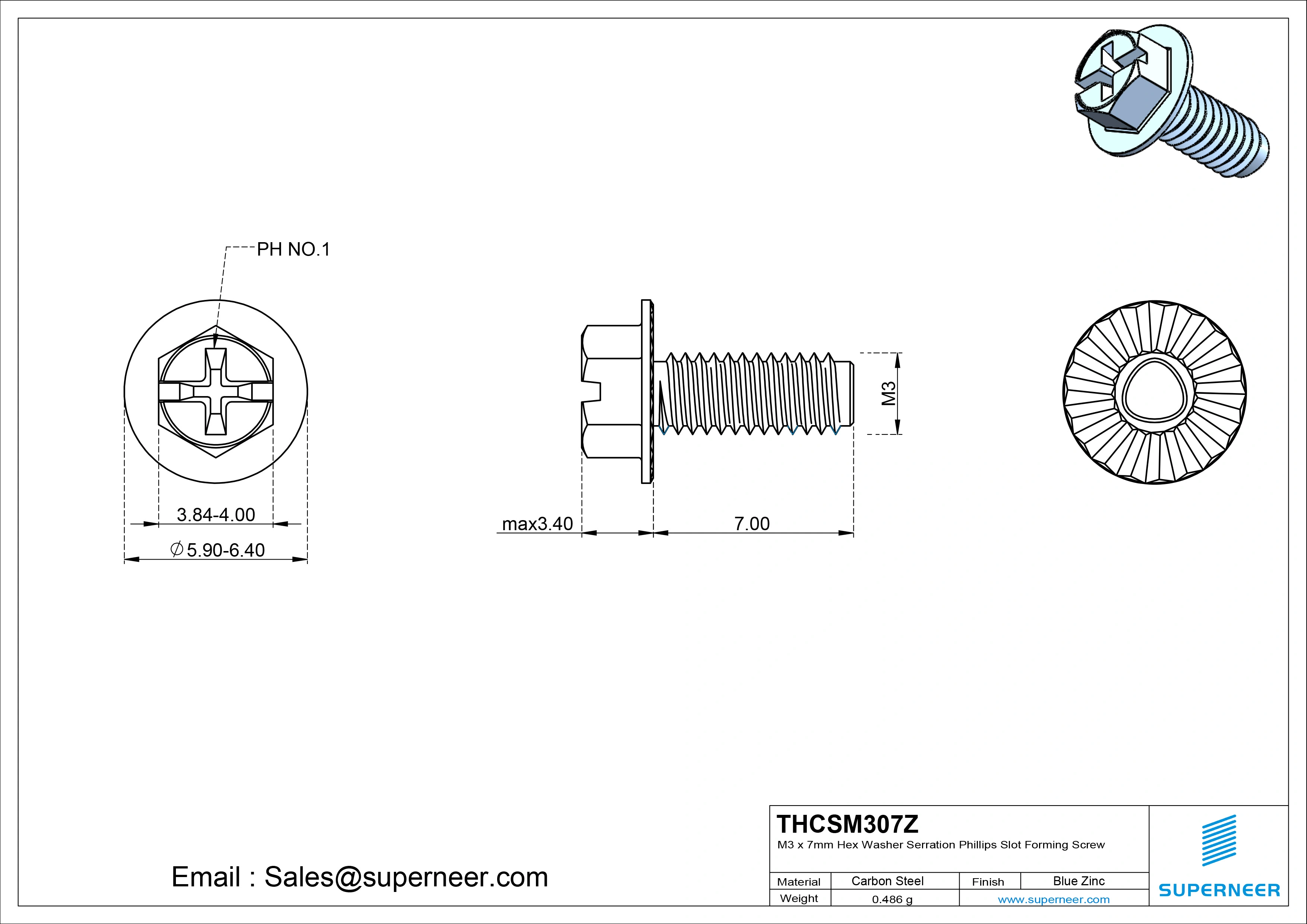 M3 &times; 7mm Indented Hex Washer Serrattion Phillips Slot Thread Forming Screws for Metal Steel Blue Zinc Plated