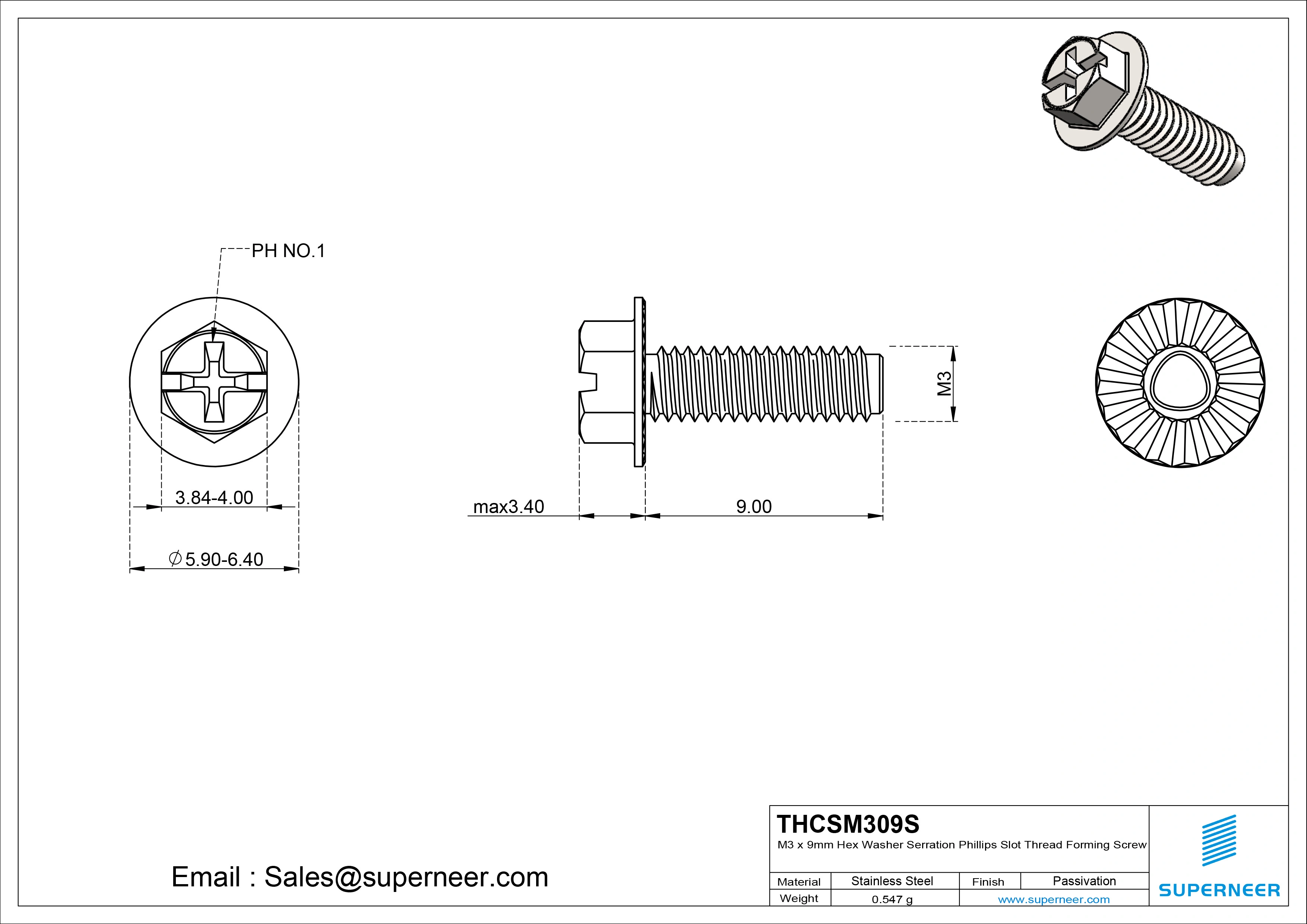 M3 &times; 9mm Indented Hex Washer Serrattion Phillips Slot Thread Forming Screws for Metal SUS304 Stainless Steel Inox