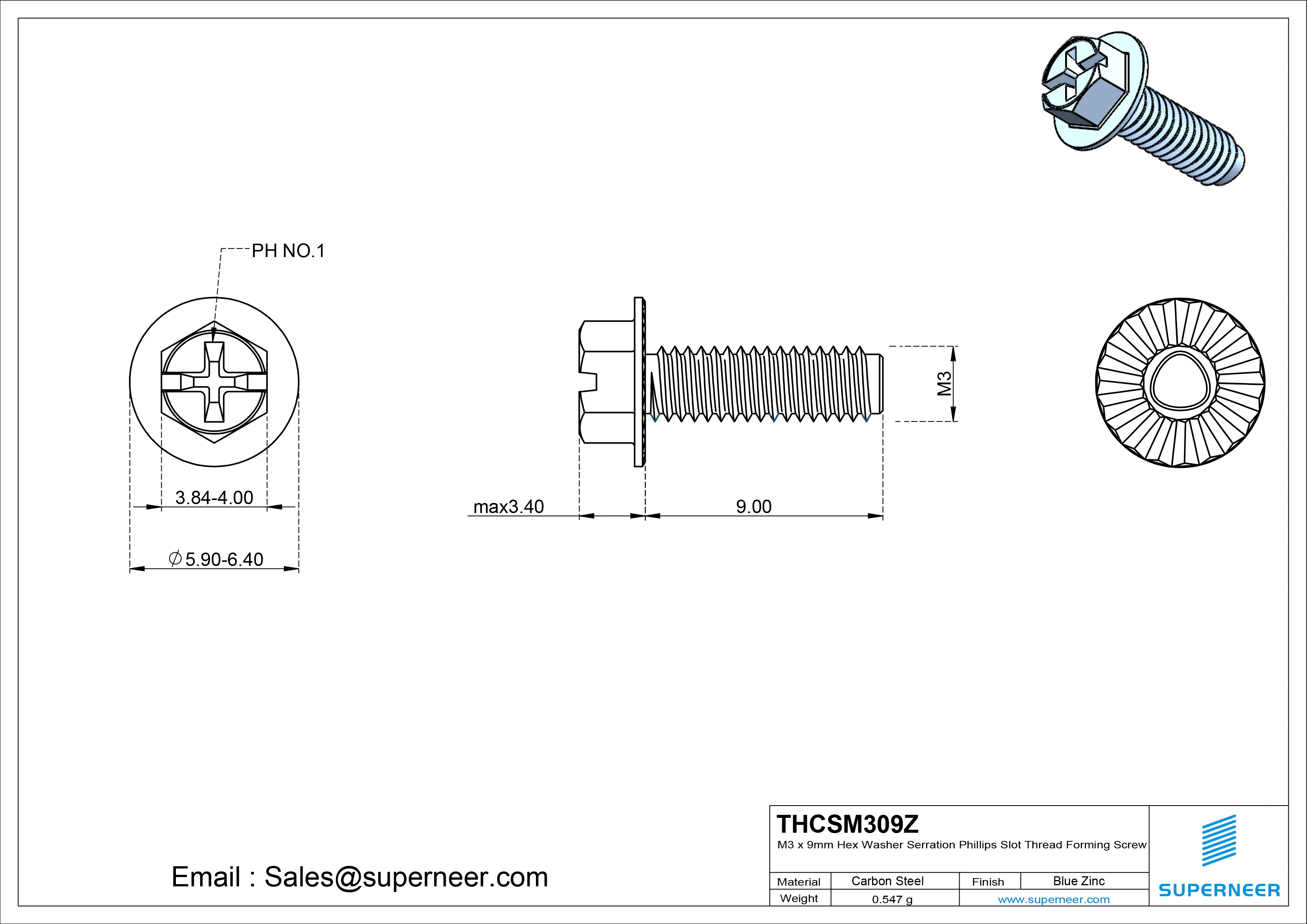 M3 &times; 9mm Indented Hex Washer Serrattion Phillips Slot Thread Forming Screws for Metal Steel Blue Zinc Plated