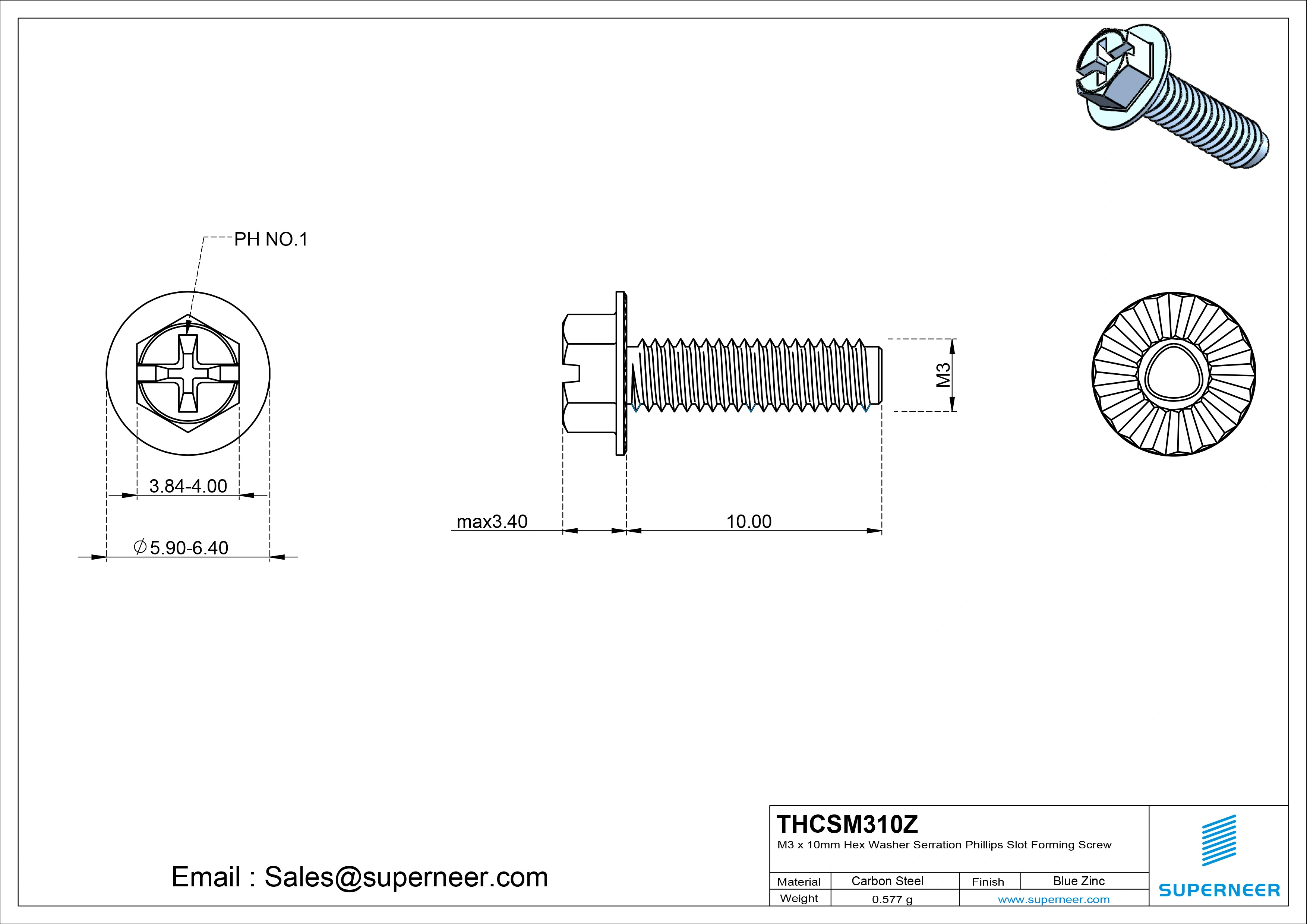 M3 &times; 10mm Indented Hex Washer Serrattion Phillips Slot Thread Forming Screws for Metal Steel Blue Zinc Plated