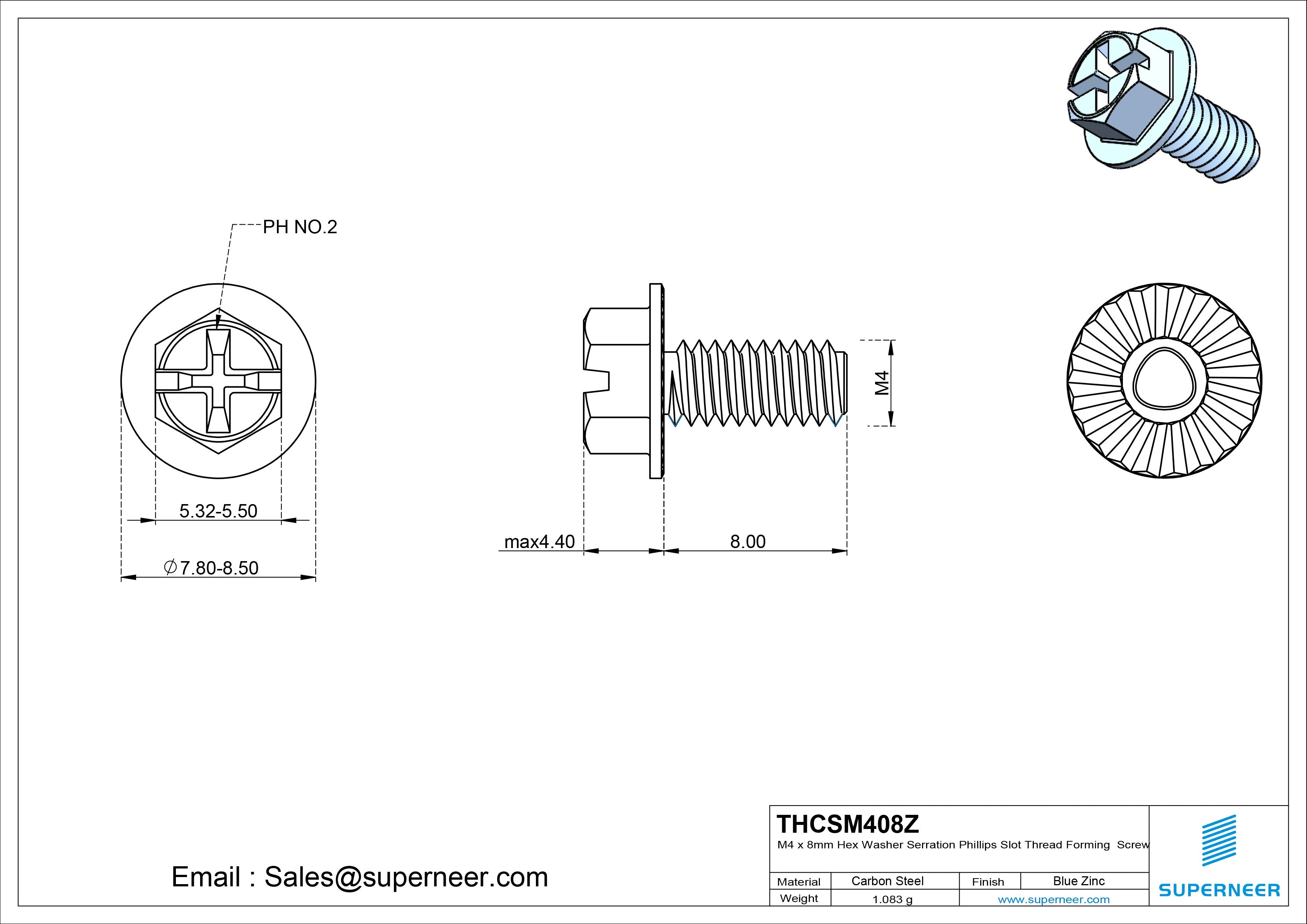 M4 &times; 8mm Indented Hex Washer Serrattion Phillips Slot Thread Forming Screws for Metal Steel Blue Zinc Plated